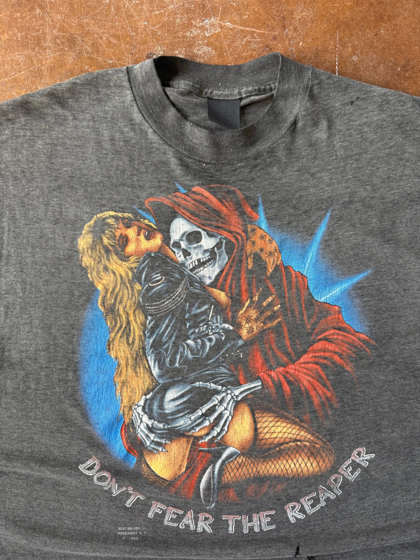 1989 faded Grim Reaper "don't fear the reaper" biker cut-off shirt (LARGE)