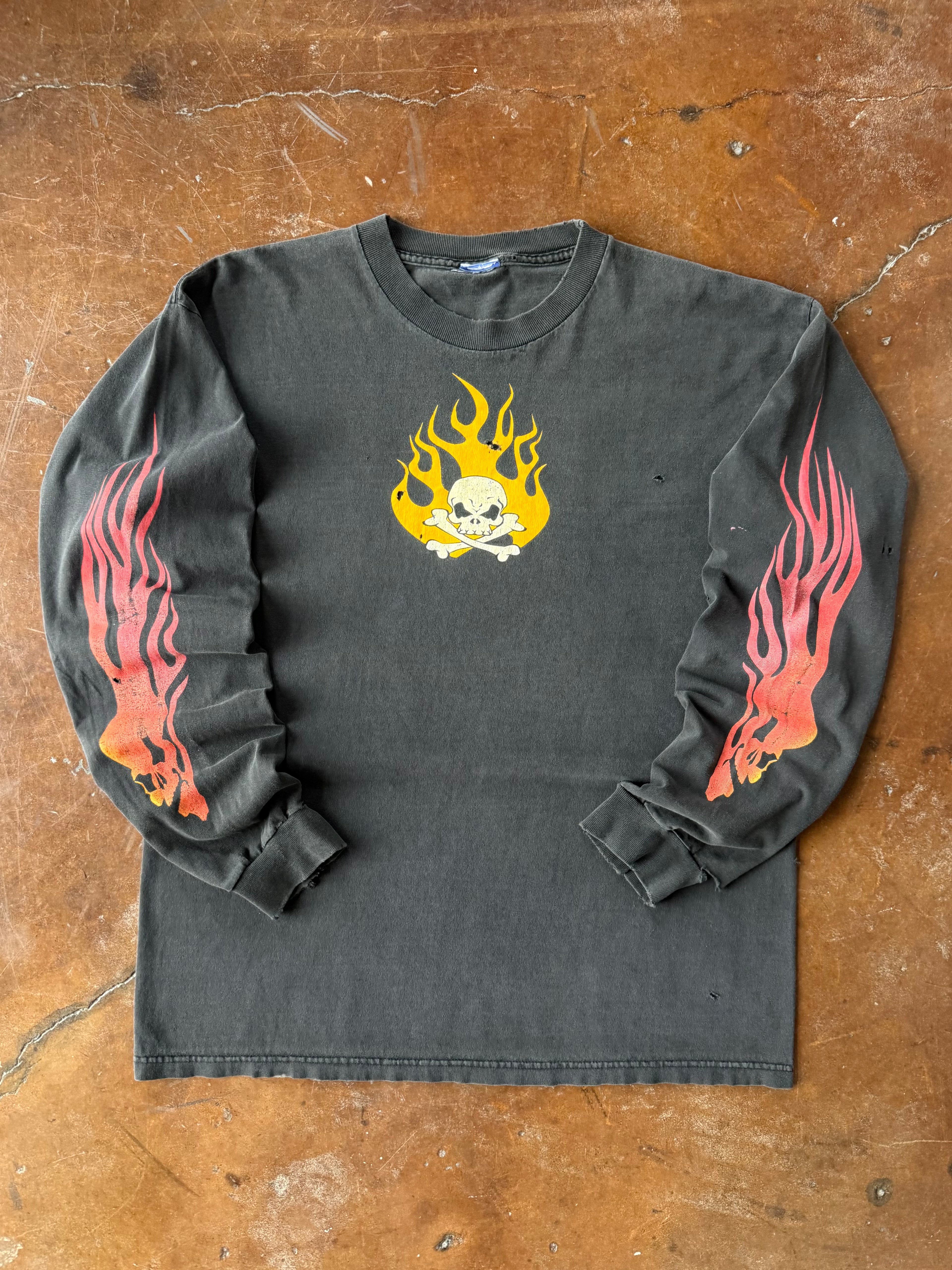 90s Flaming Skull biker longsleeve shirt (LARGE)