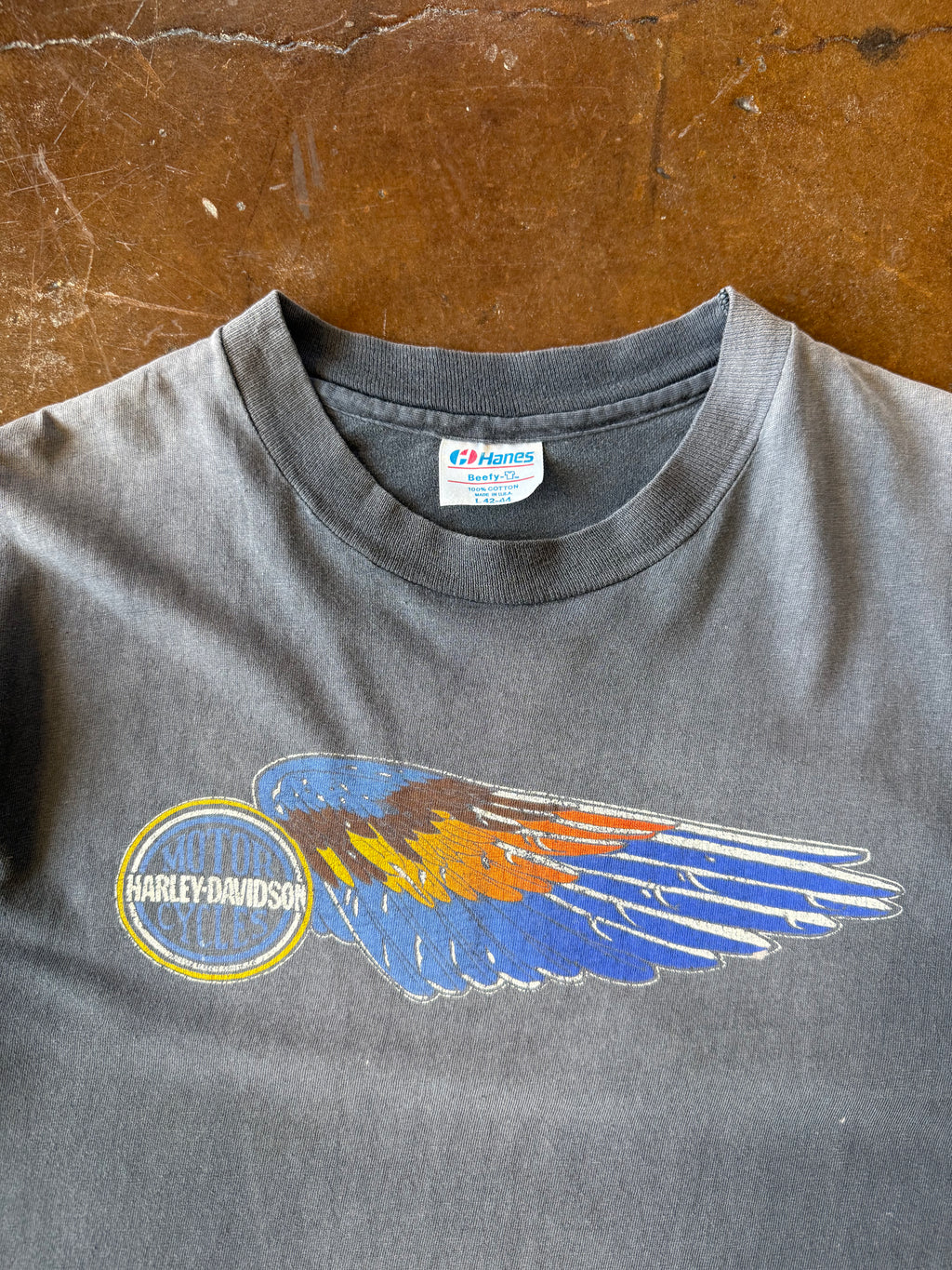 80s faded Harley Davidson "multi-color winged emblem" biker shirt (LARGE)