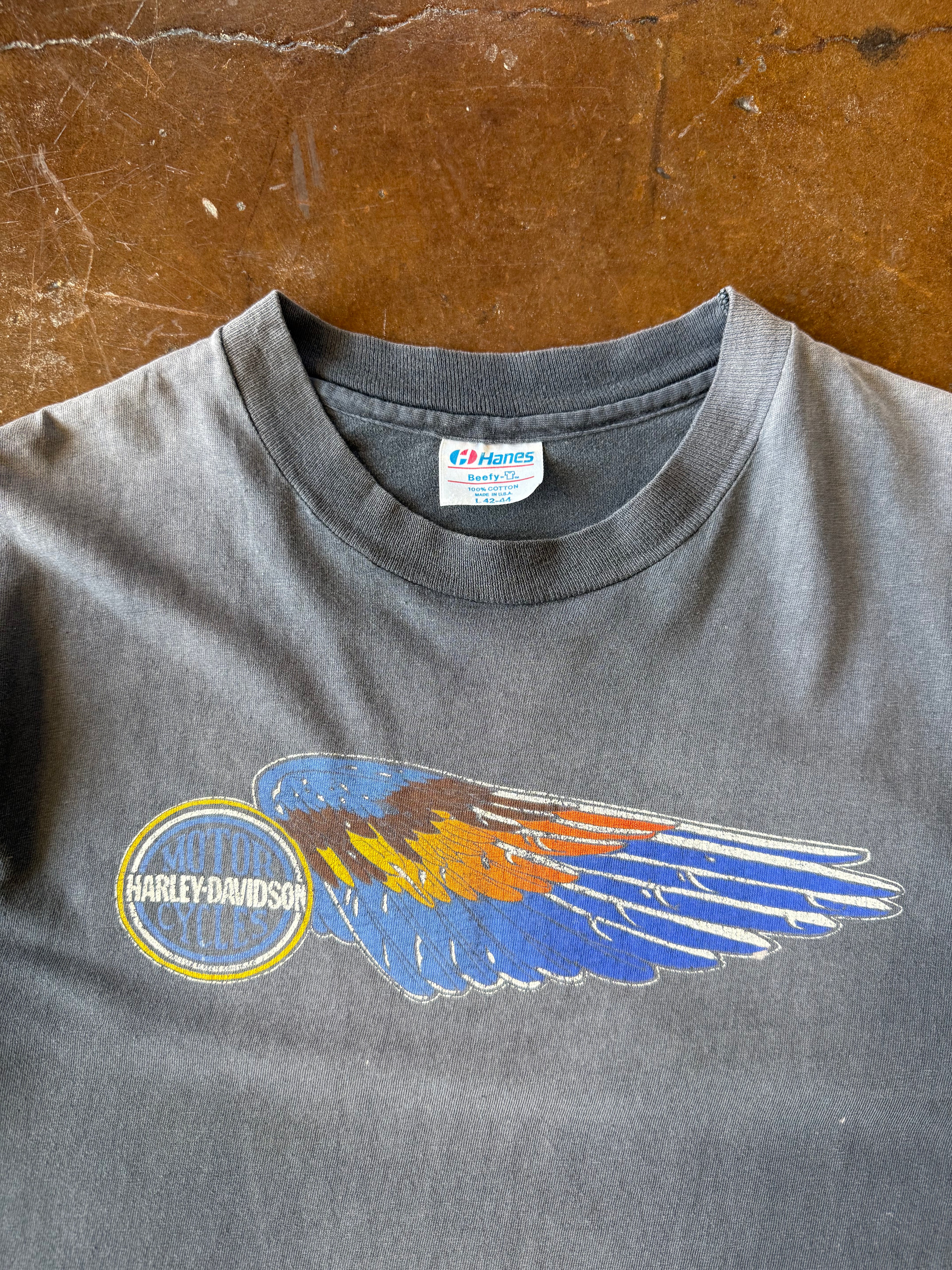 80s faded Harley Davidson "multi-color winged emblem" biker shirt (LARGE)