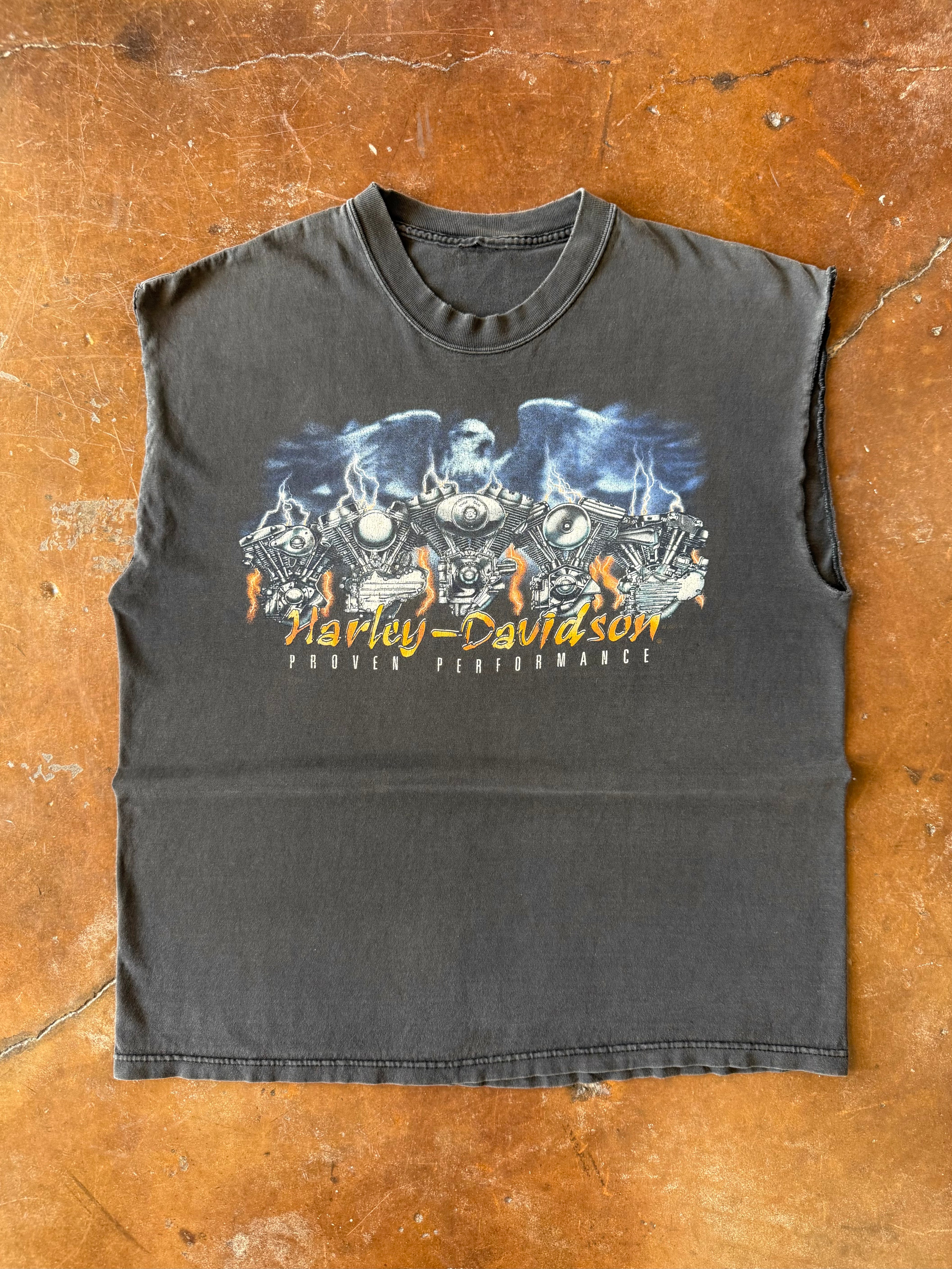 2001 Harley Davidson "engine farm" biker cut-off shirt (LARGE)