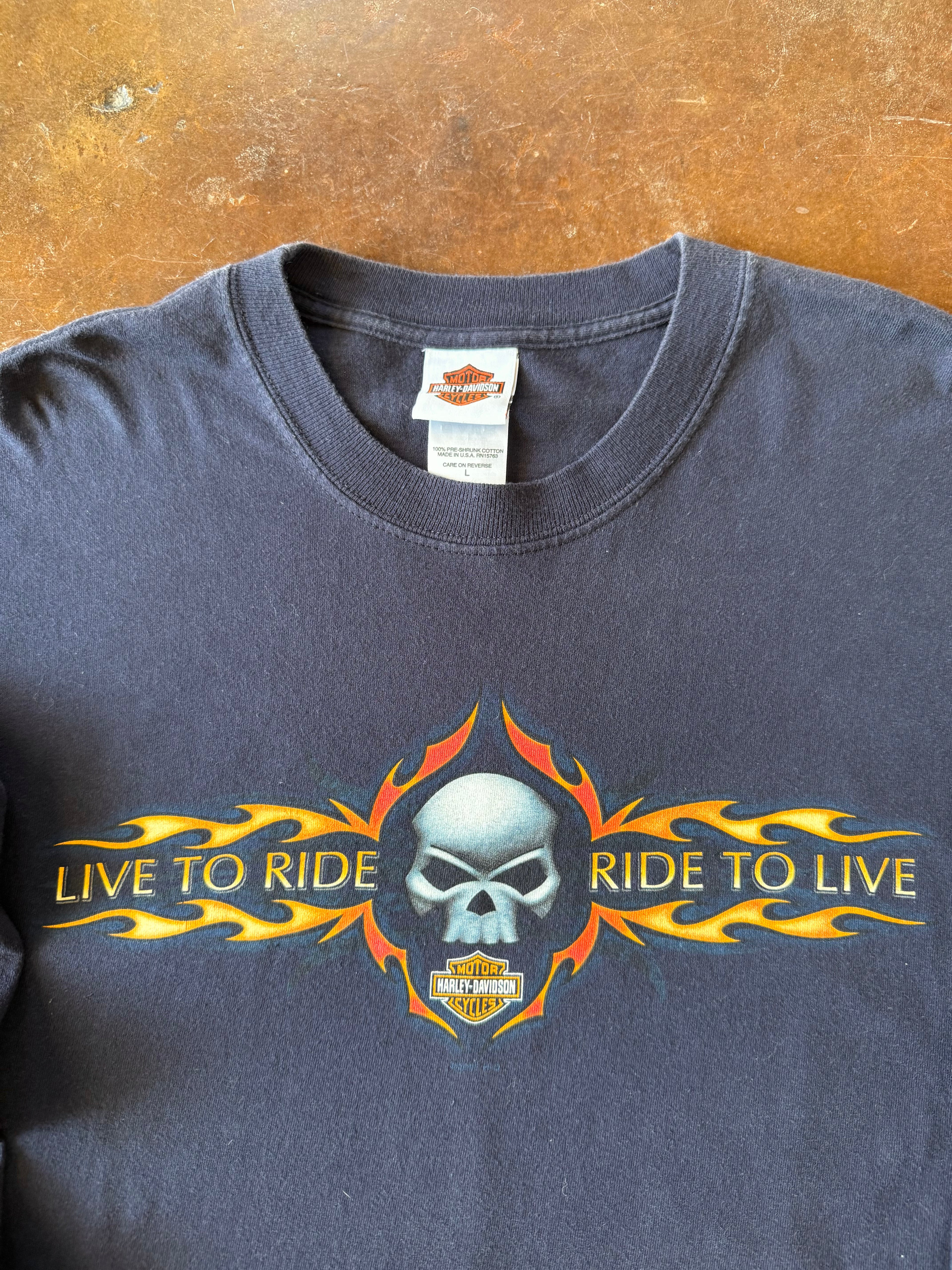 2004 Harley Davidson "flaming skull" biker longsleeve shirt (LARGE)