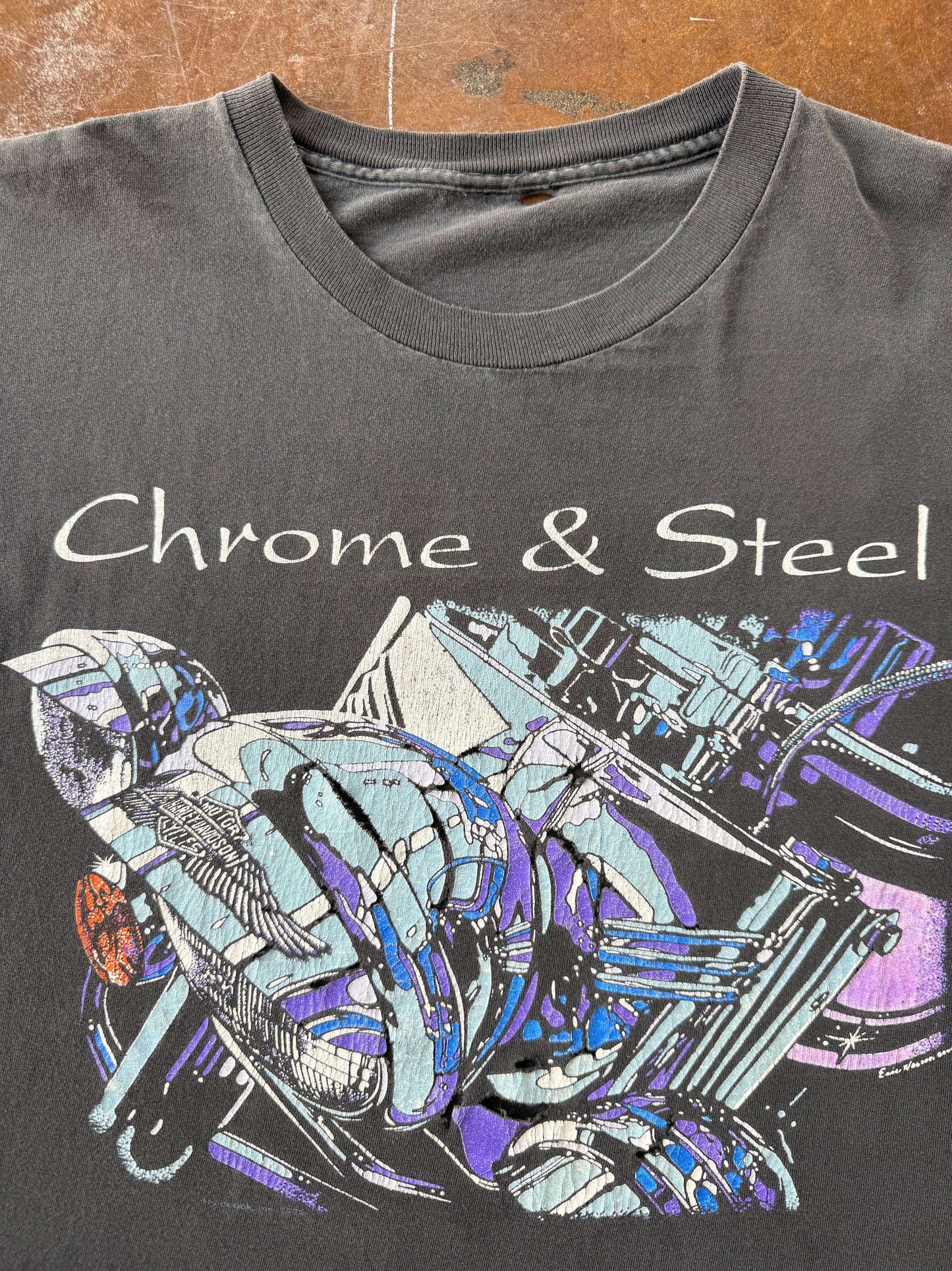90s faded & lightly distressed Harley Davidson "chrome & steel" shirt (XXL)
