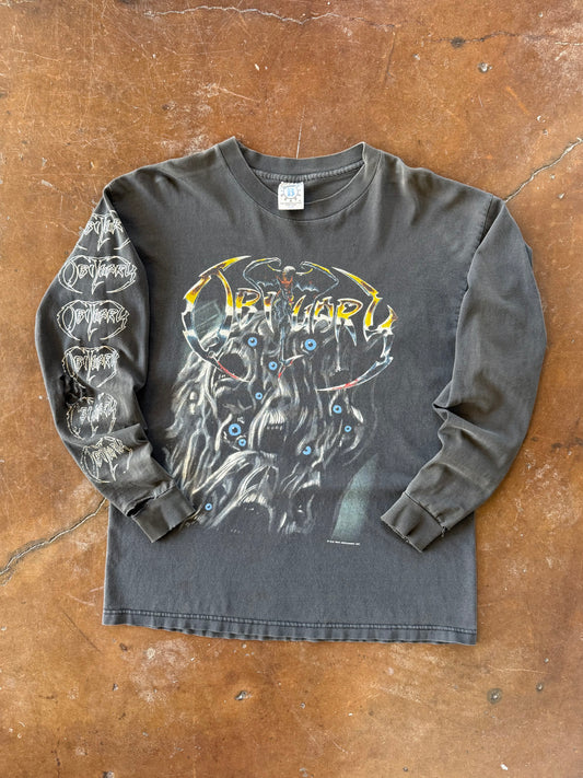 1993 lightly distressed Obituary "cause of death / screaming trees" band longsleeve shirt (LARGE)