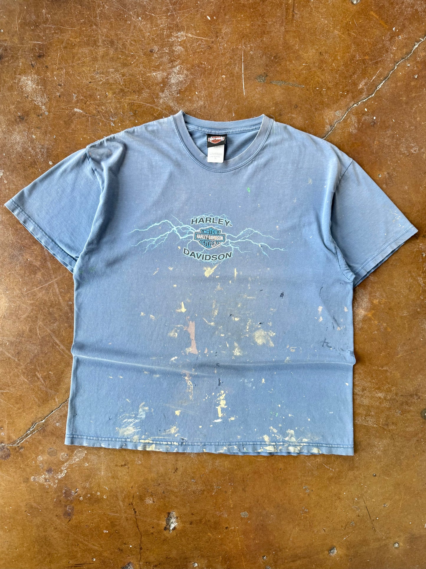 2000s Harley Davidson "blue lightning" paint splatter shirt (XL)