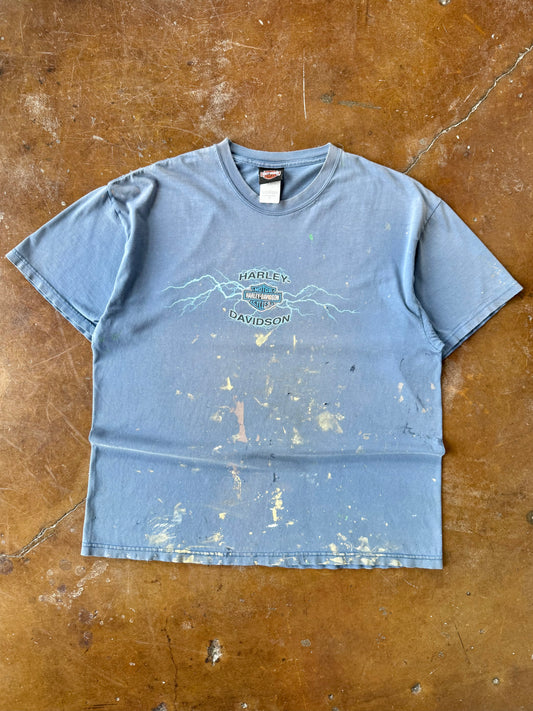 2000s Harley Davidson "blue lightning" paint splatter shirt (XL)
