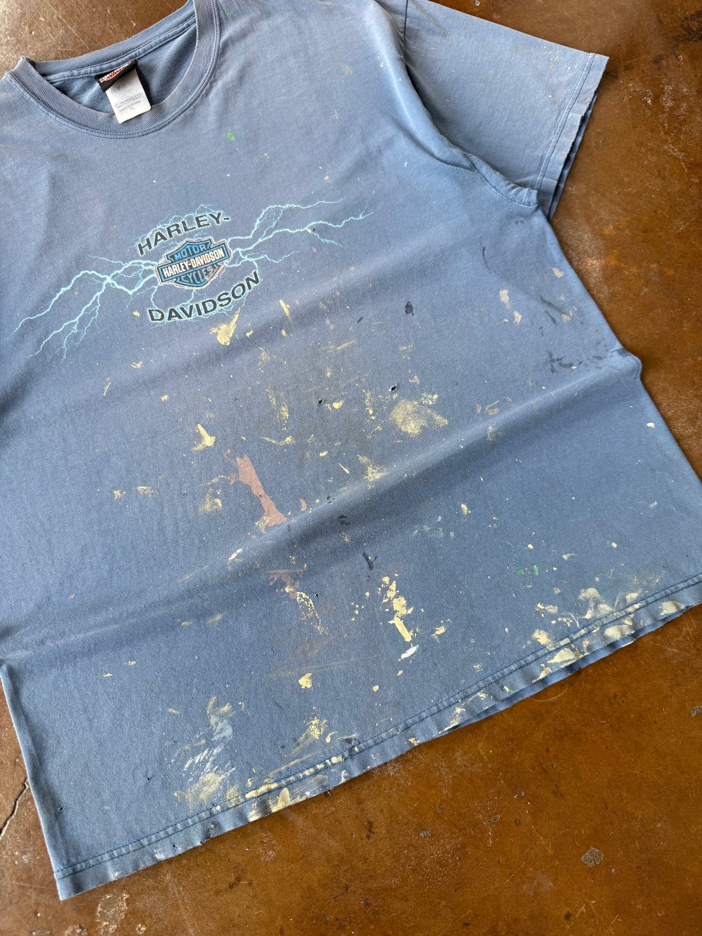 2000s Harley Davidson "blue lightning" paint splatter shirt (XL)