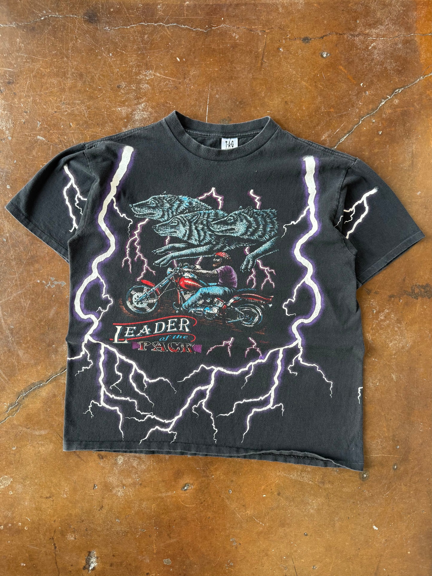 90s American Spirit "leader of the pack" lightning biker shirt (XL)