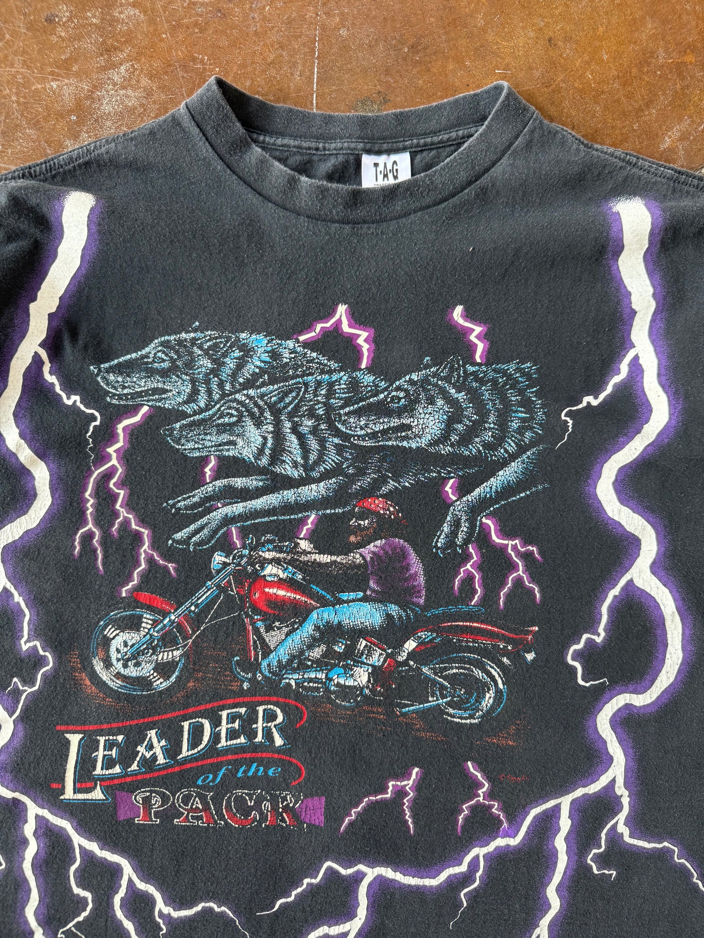 90s American Spirit "leader of the pack" lightning biker shirt (XL)