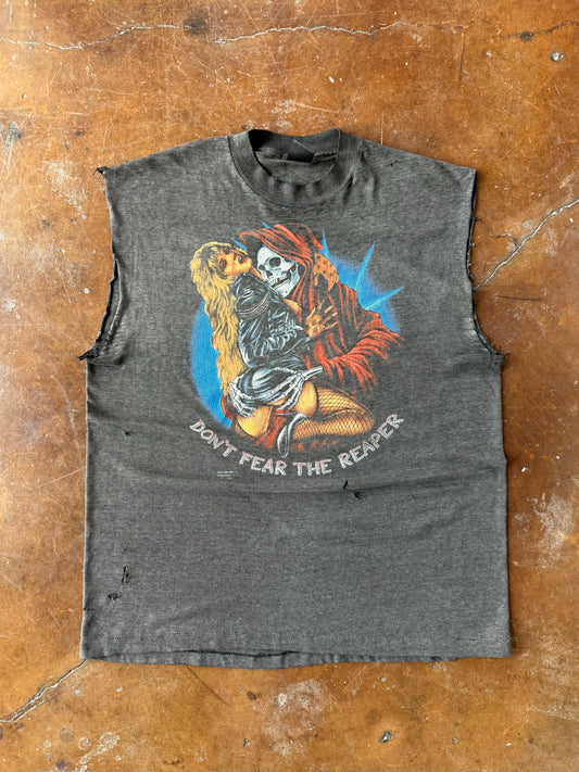 1989 faded Grim Reaper "don't fear the reaper" biker cut-off shirt (LARGE)