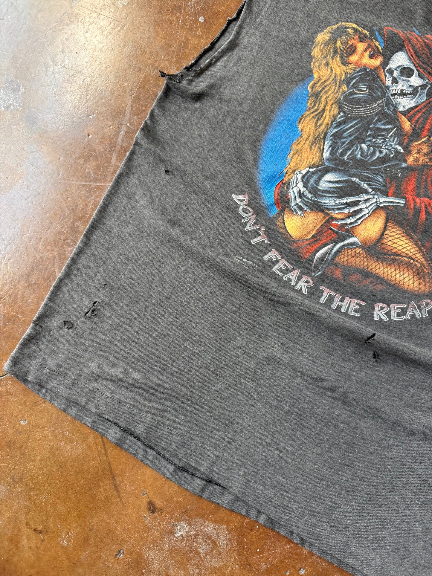 1989 faded Grim Reaper "don't fear the reaper" biker cut-off shirt (LARGE)