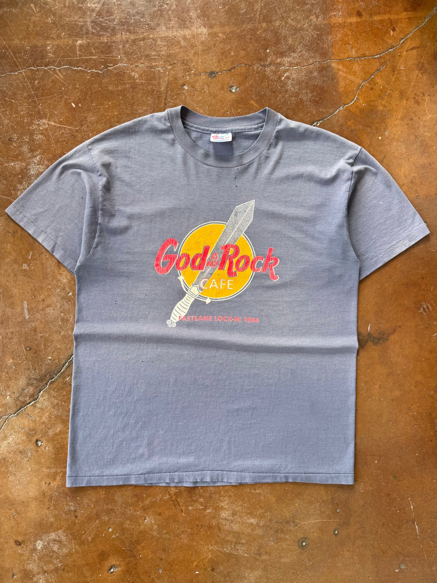 90s Jesus "god is my rock cafe" parody shirt (LARGE)