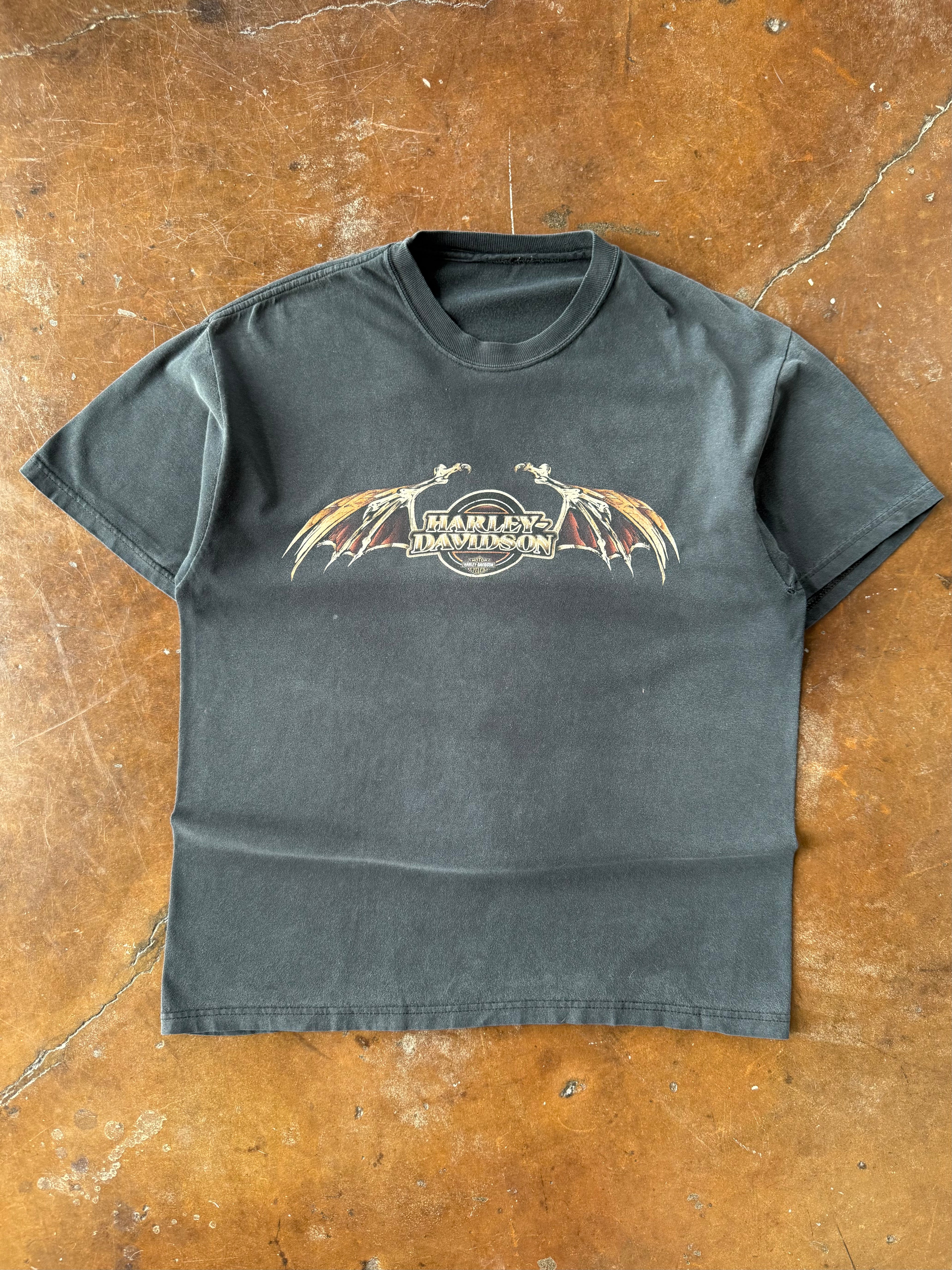 2000s lightly faded Harley Davidson "winged bat logo" biker shirt (LARGE)
