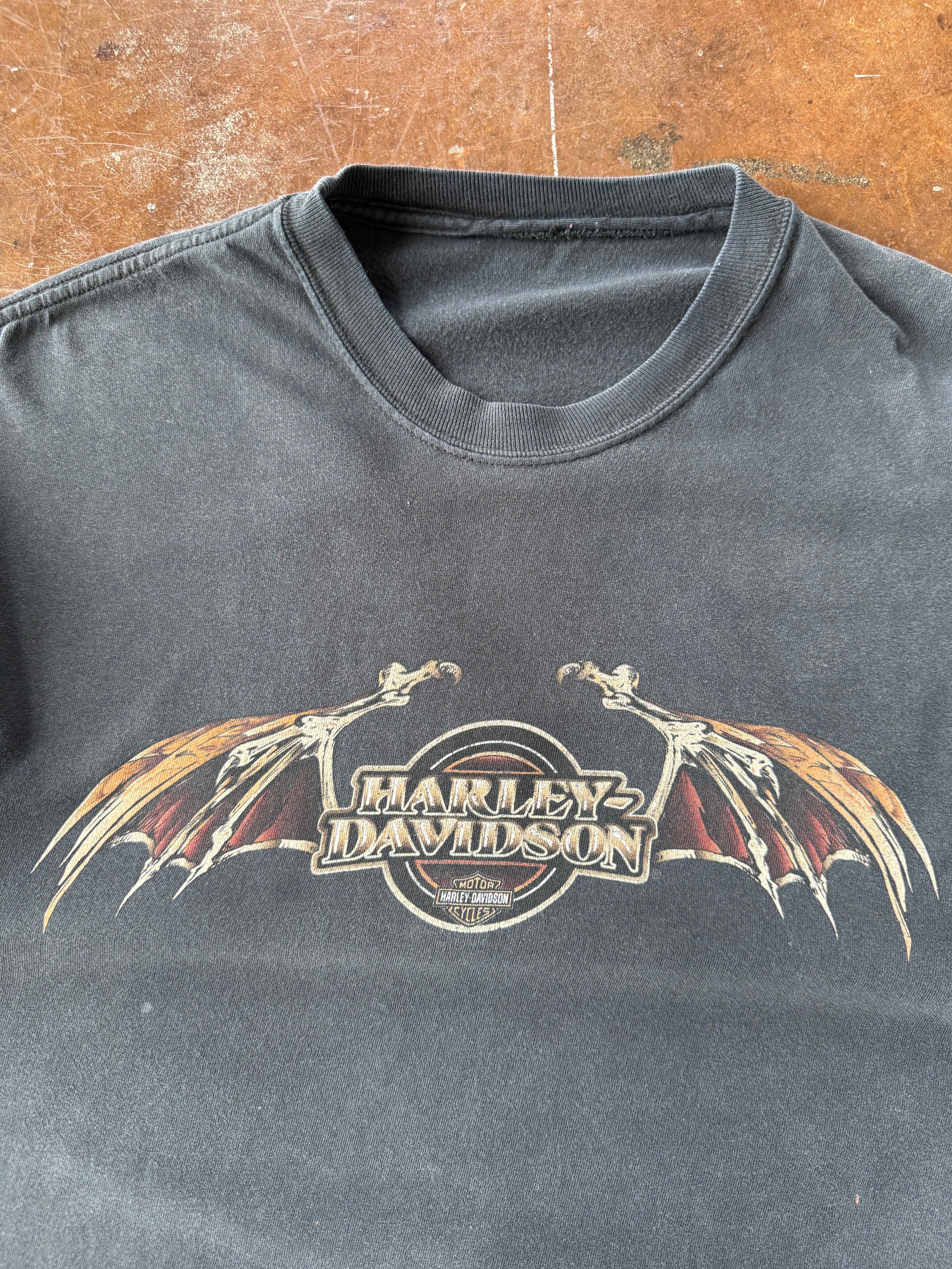 2000s lightly faded Harley Davidson "winged bat logo" biker shirt (LARGE)