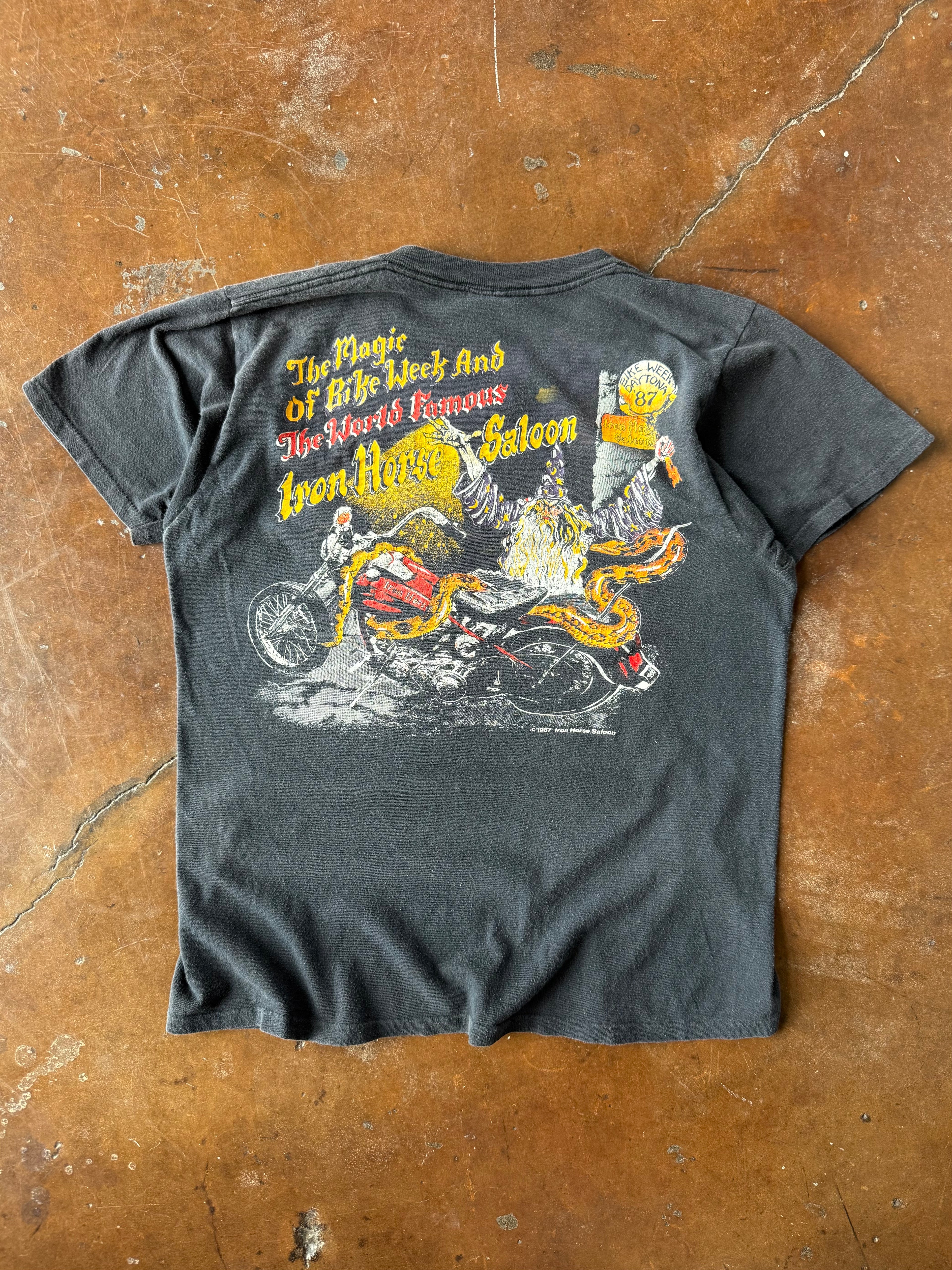 1987 Iron Horse Saloon "wizard biker" pocket shirt (LARGE)