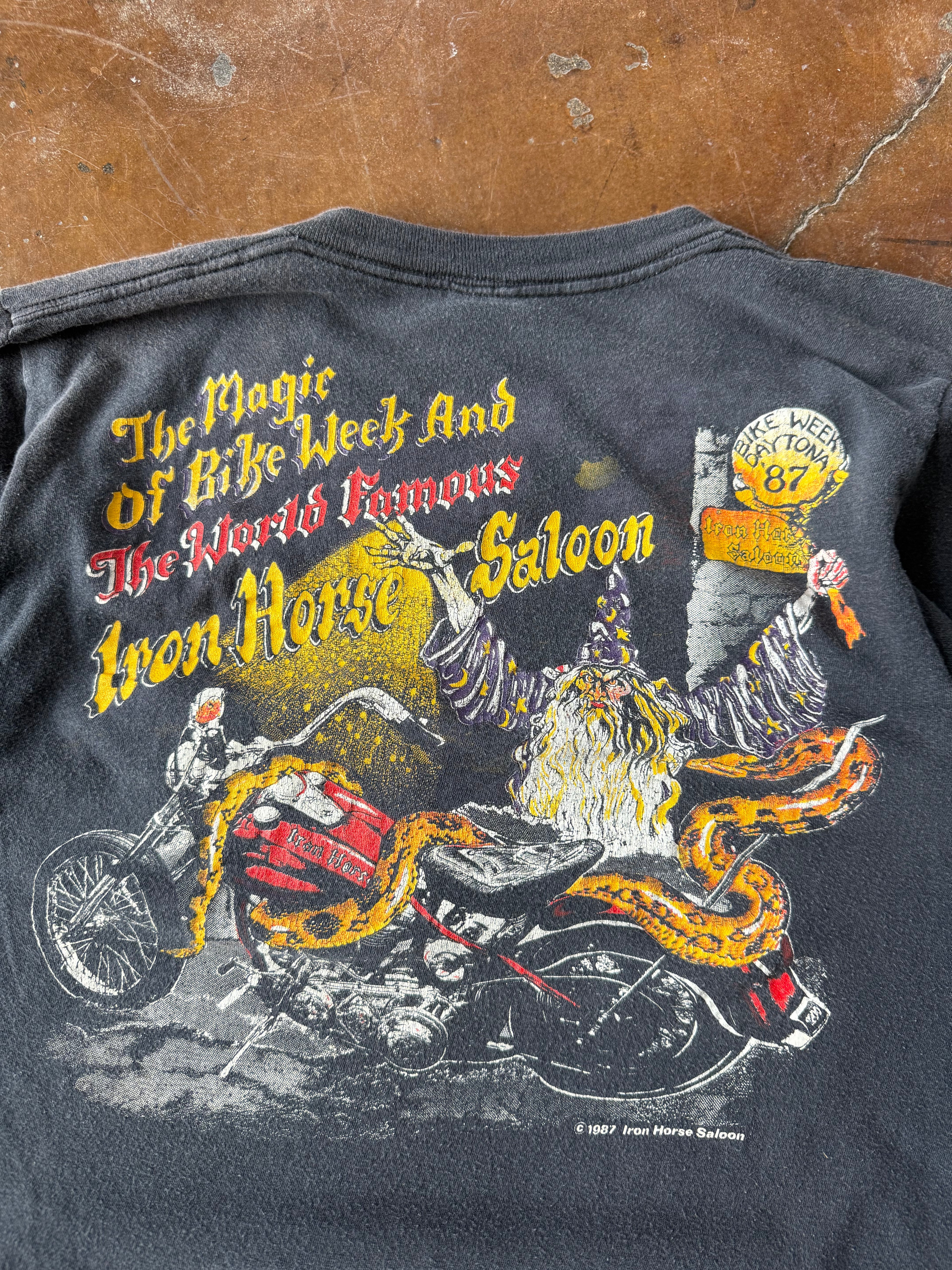 1987 Iron Horse Saloon "wizard biker" pocket shirt (LARGE)