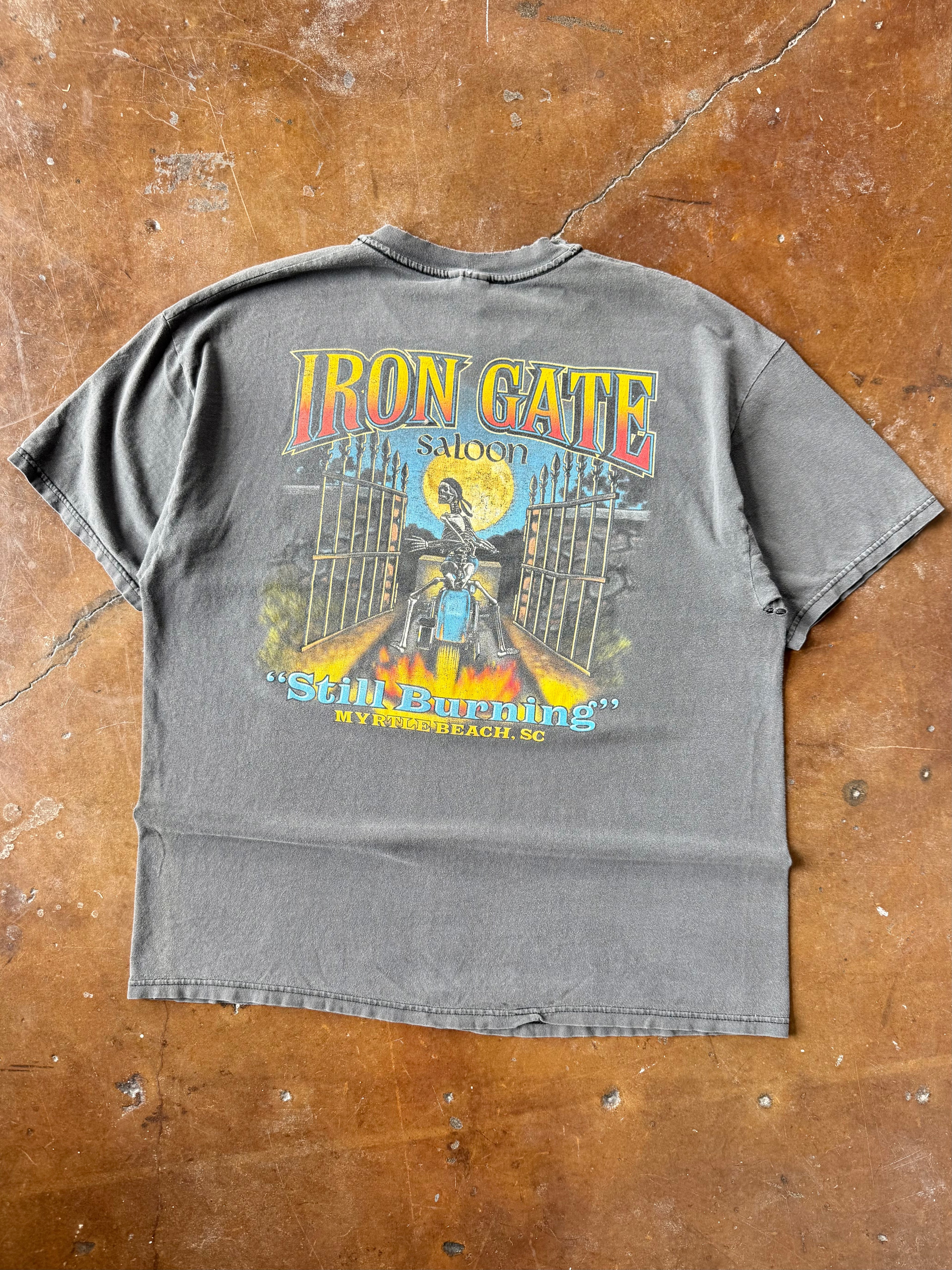 90s faded Iron Gate Saloon "still burning" biker shirt (XL)