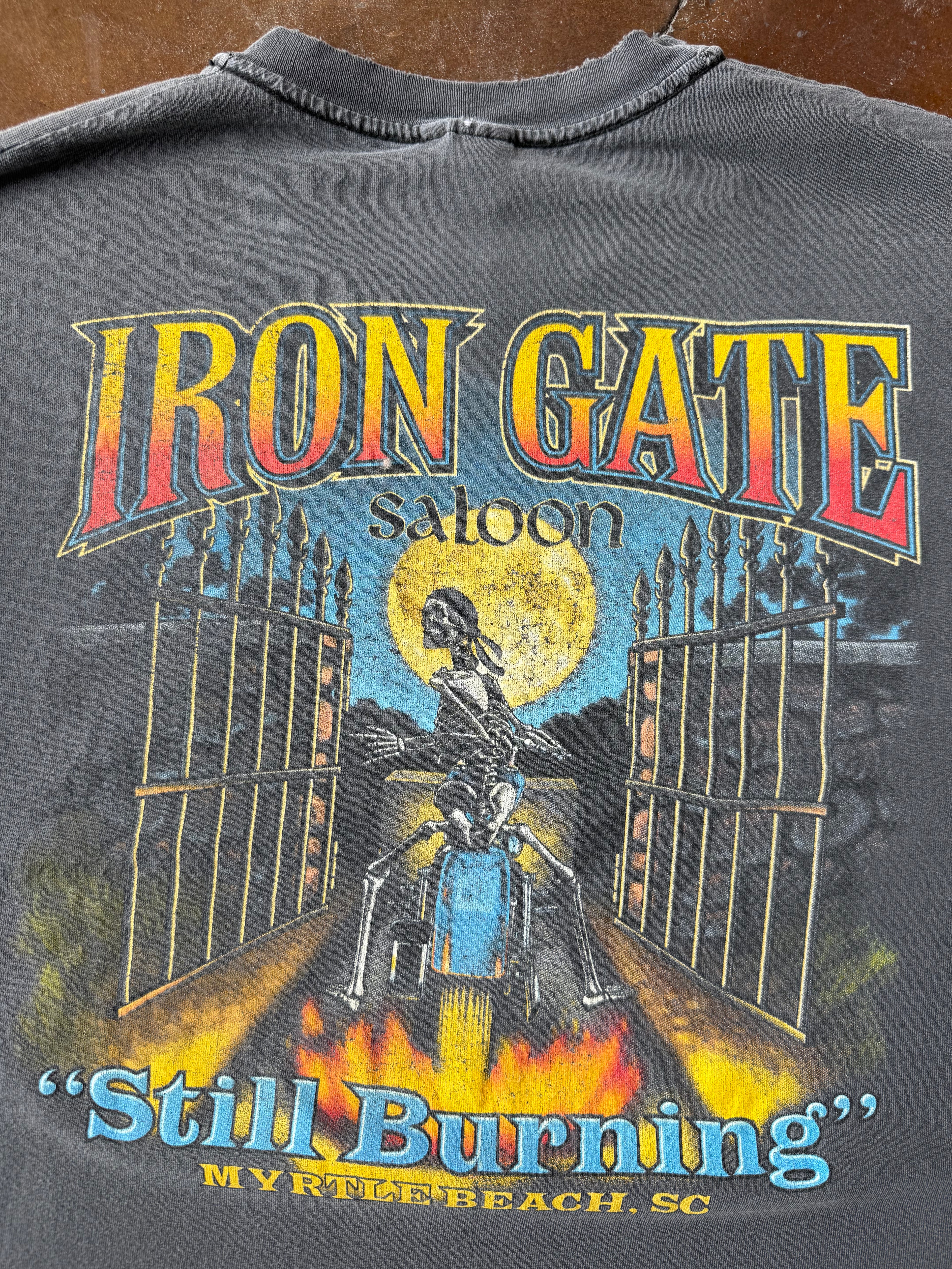 90s faded Iron Gate Saloon "still burning" biker shirt (XL)