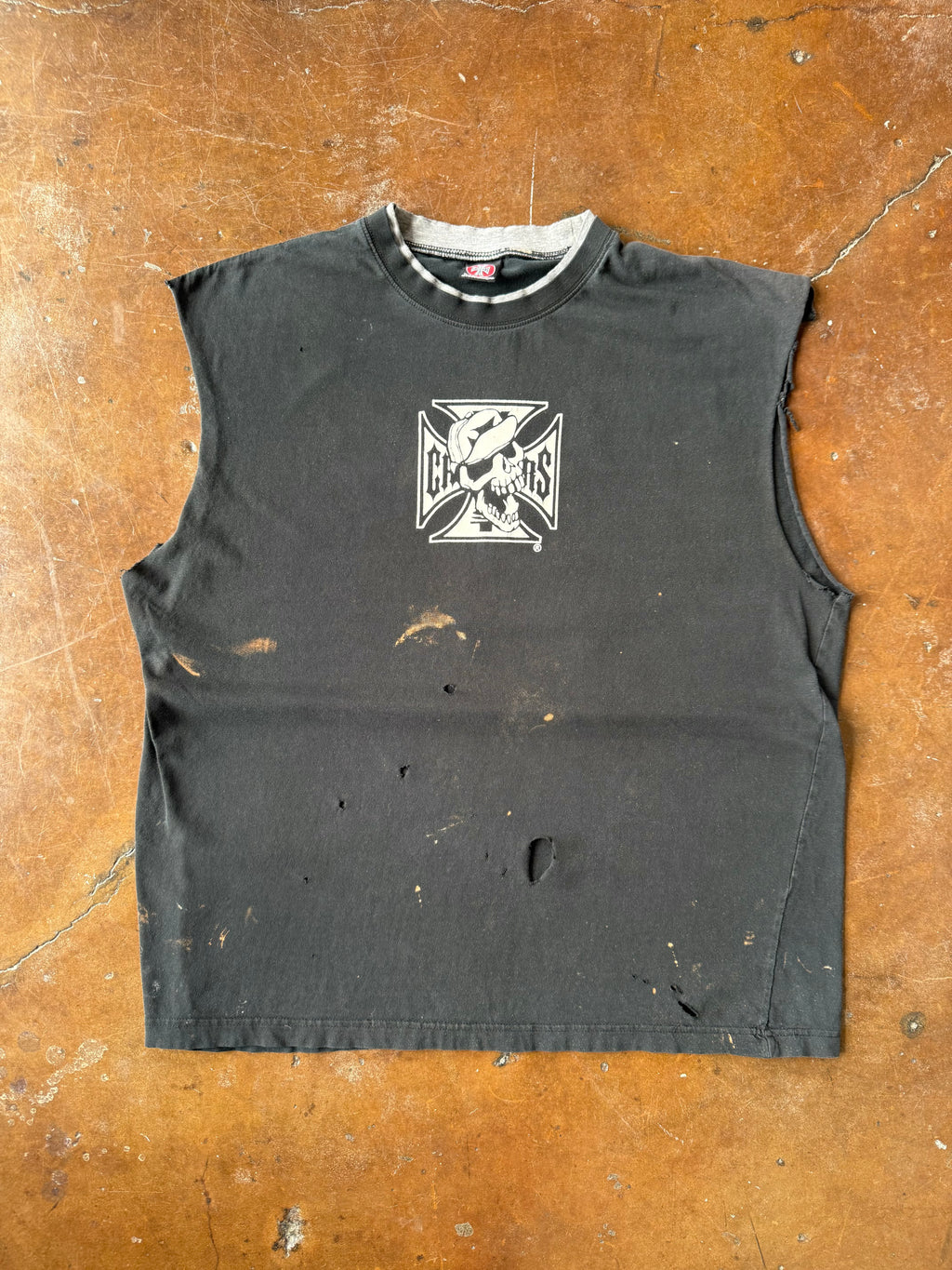 2000s distressed West Coast Choppers "long beach" cut-off shirt (XL)