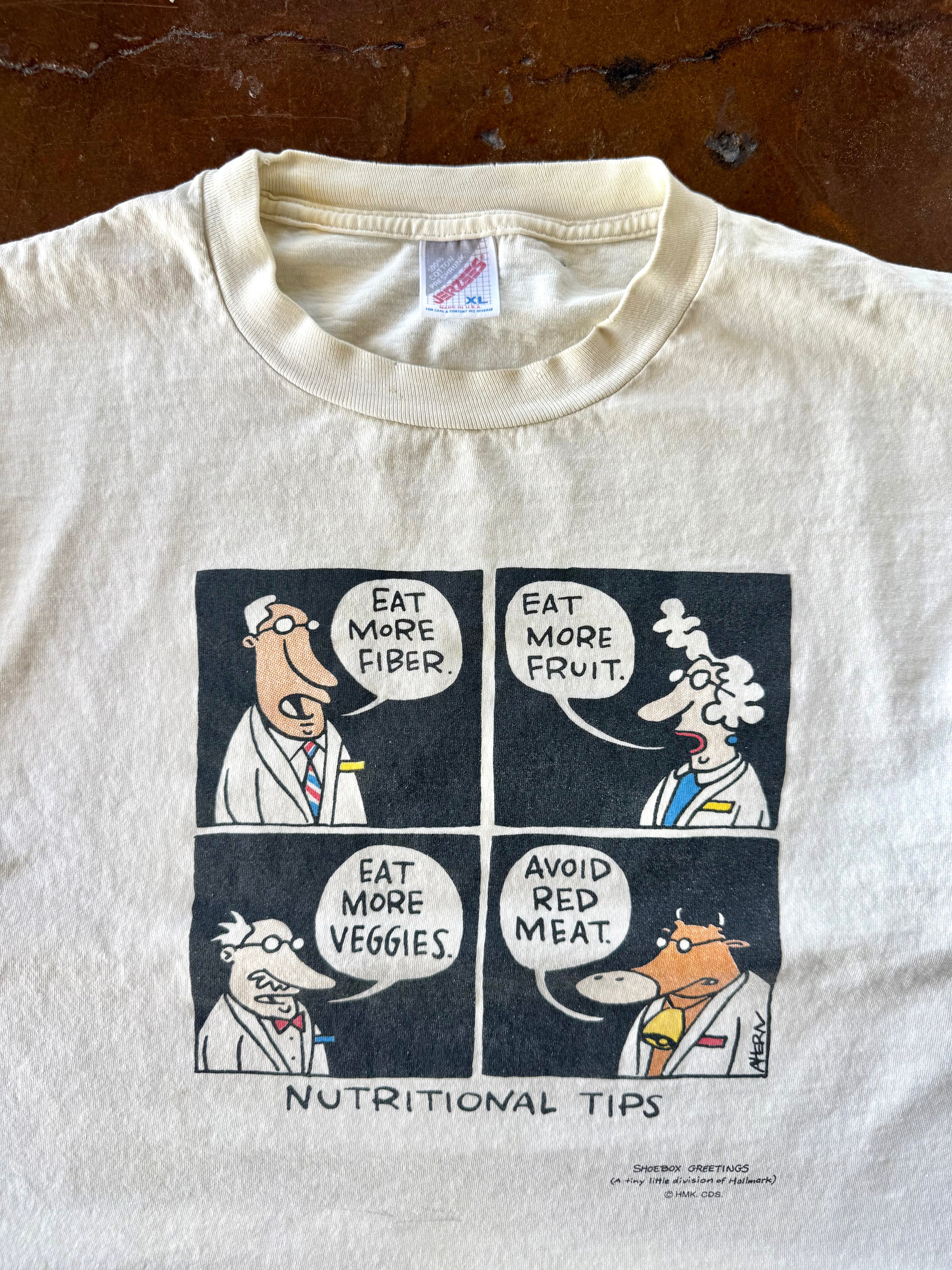 90s Vegetarian Newspaper Cartoon "avoid red meat" shirt (XL)
