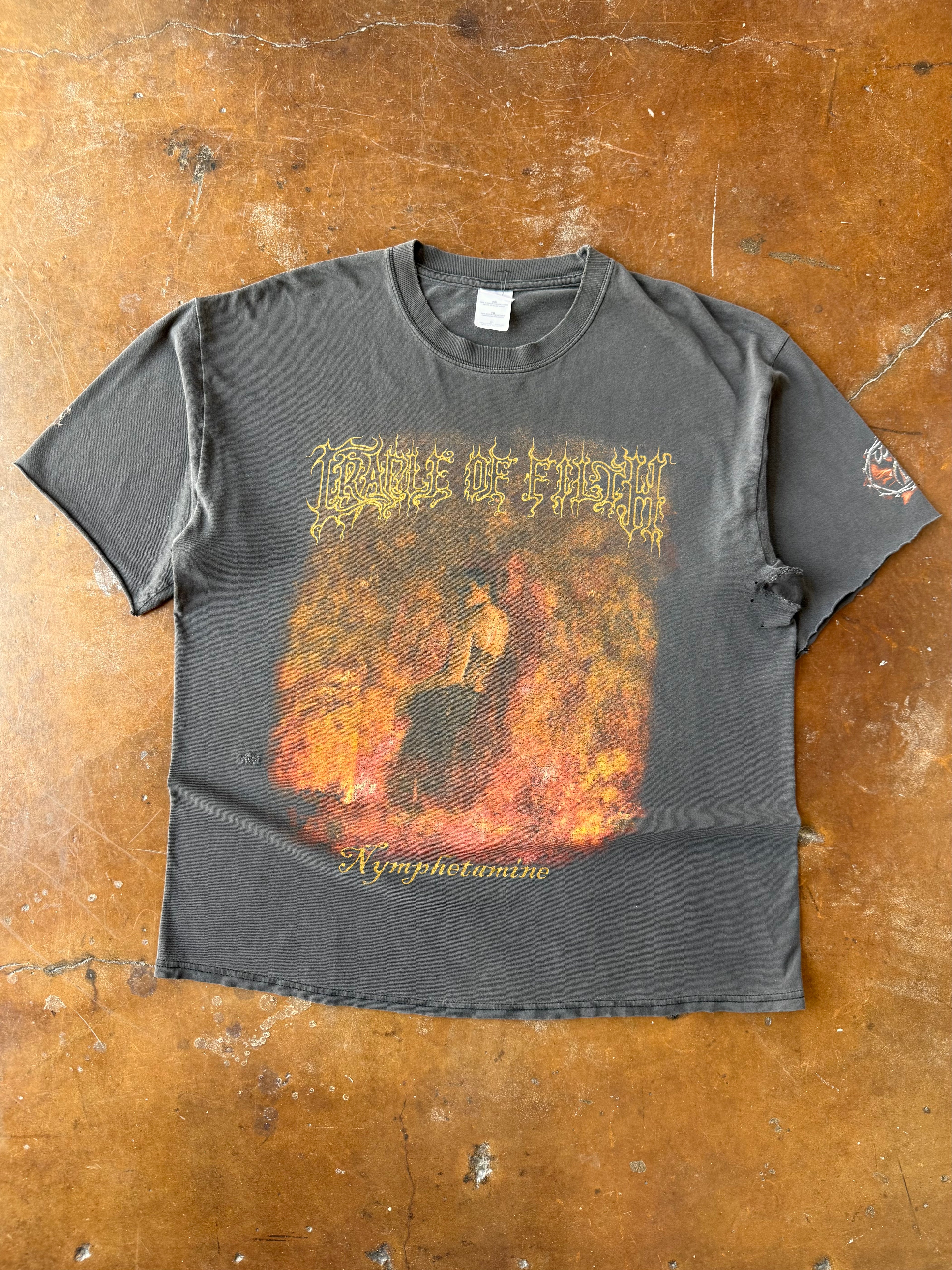 2000s faded & distressed Cradle of Filth "nymphetamine" cut sleeves band shirt (XL)