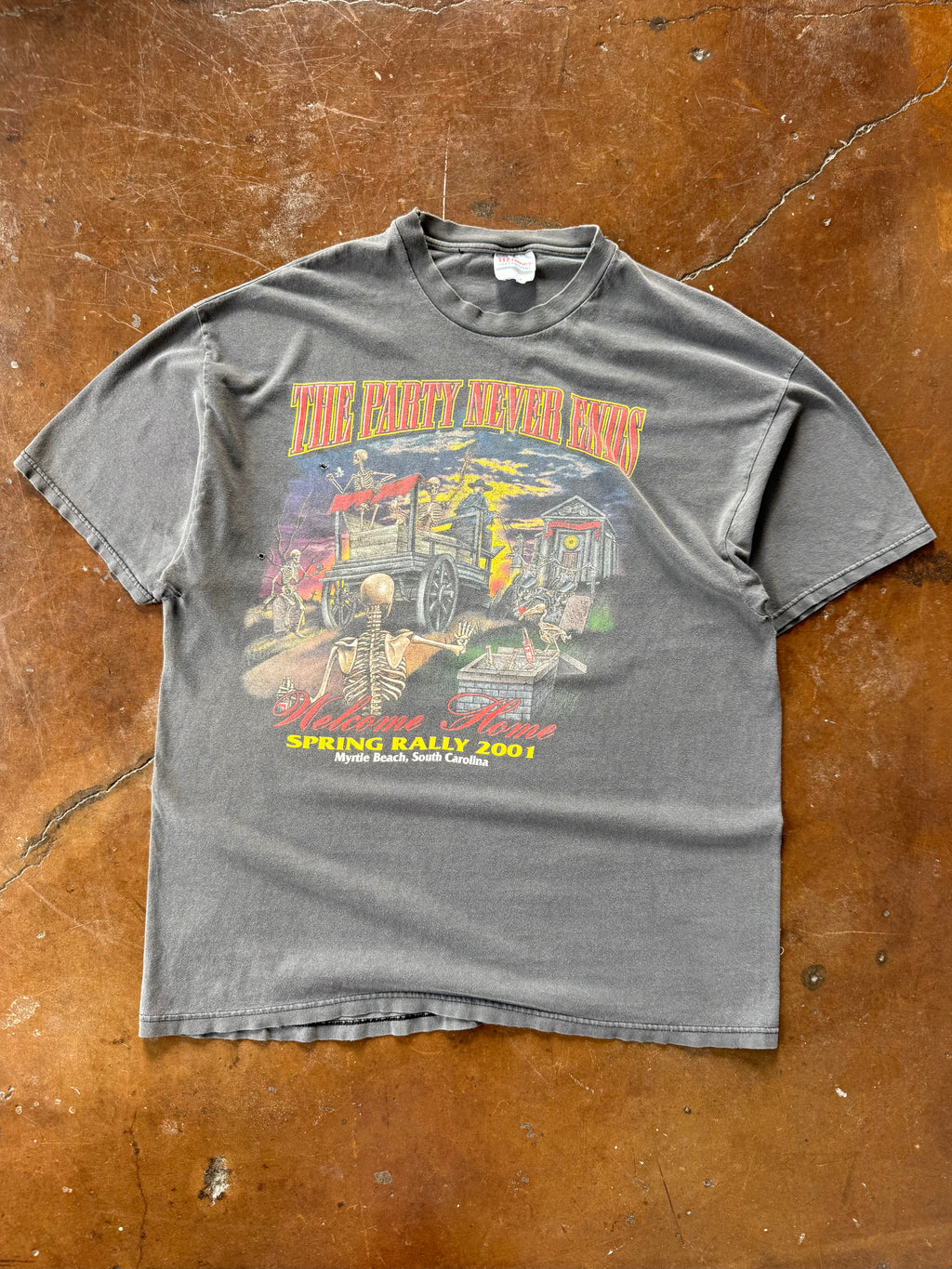 2001 faded Spring Rally "the party never ends" biker shirt (XL)