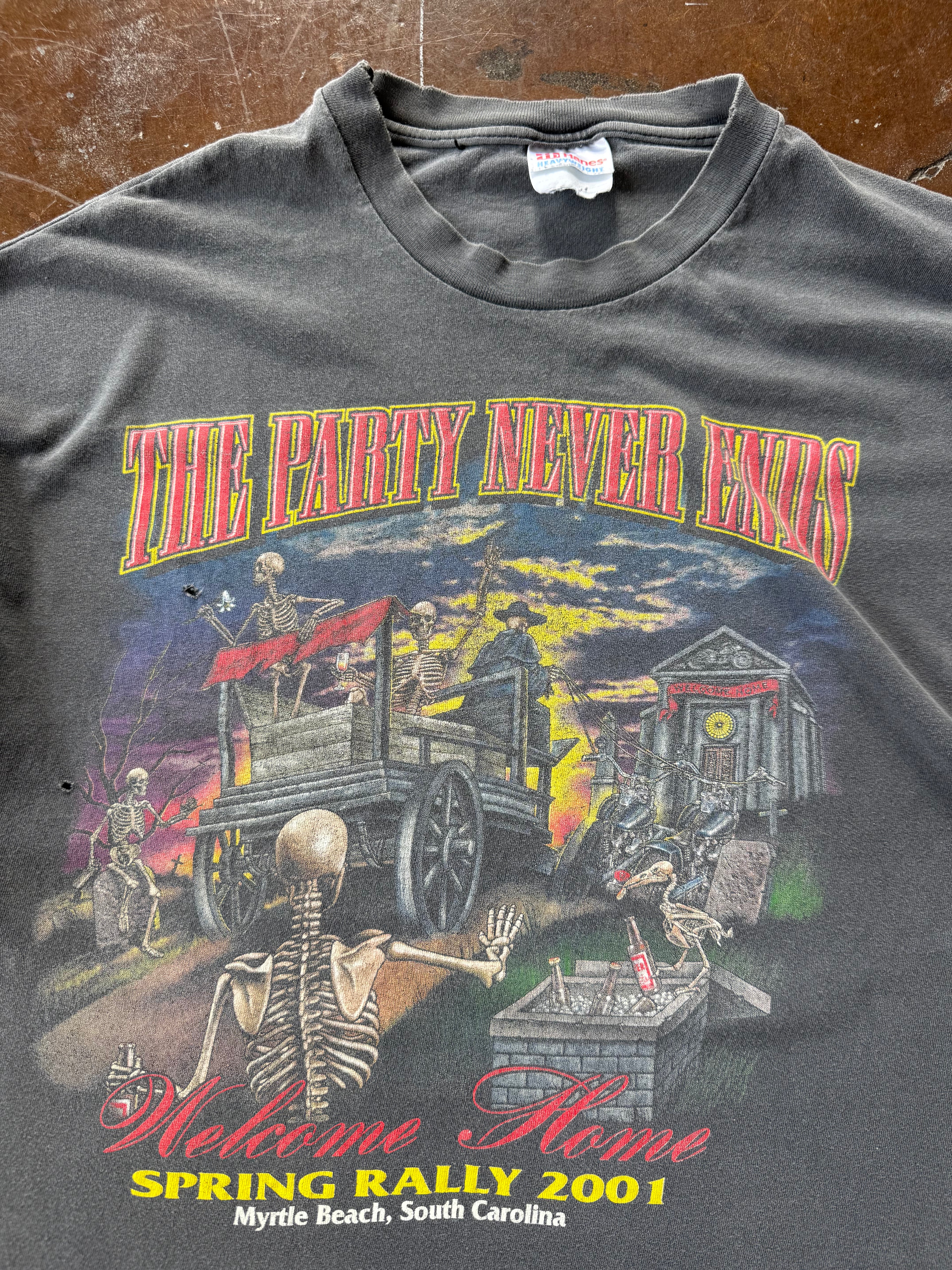 2001 faded Spring Rally "the party never ends" biker shirt (XL)
