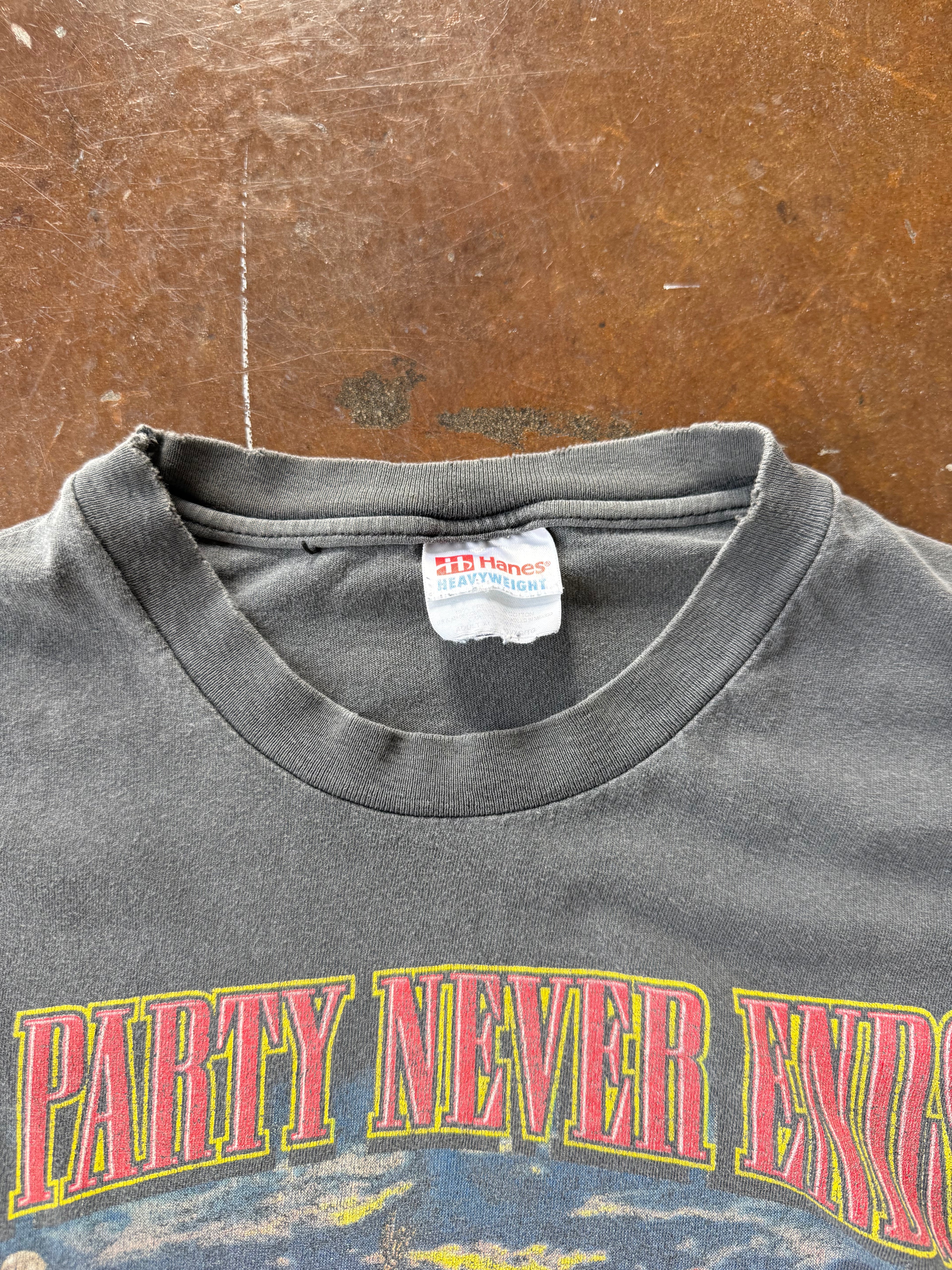 2001 faded Spring Rally "the party never ends" biker shirt (XL)