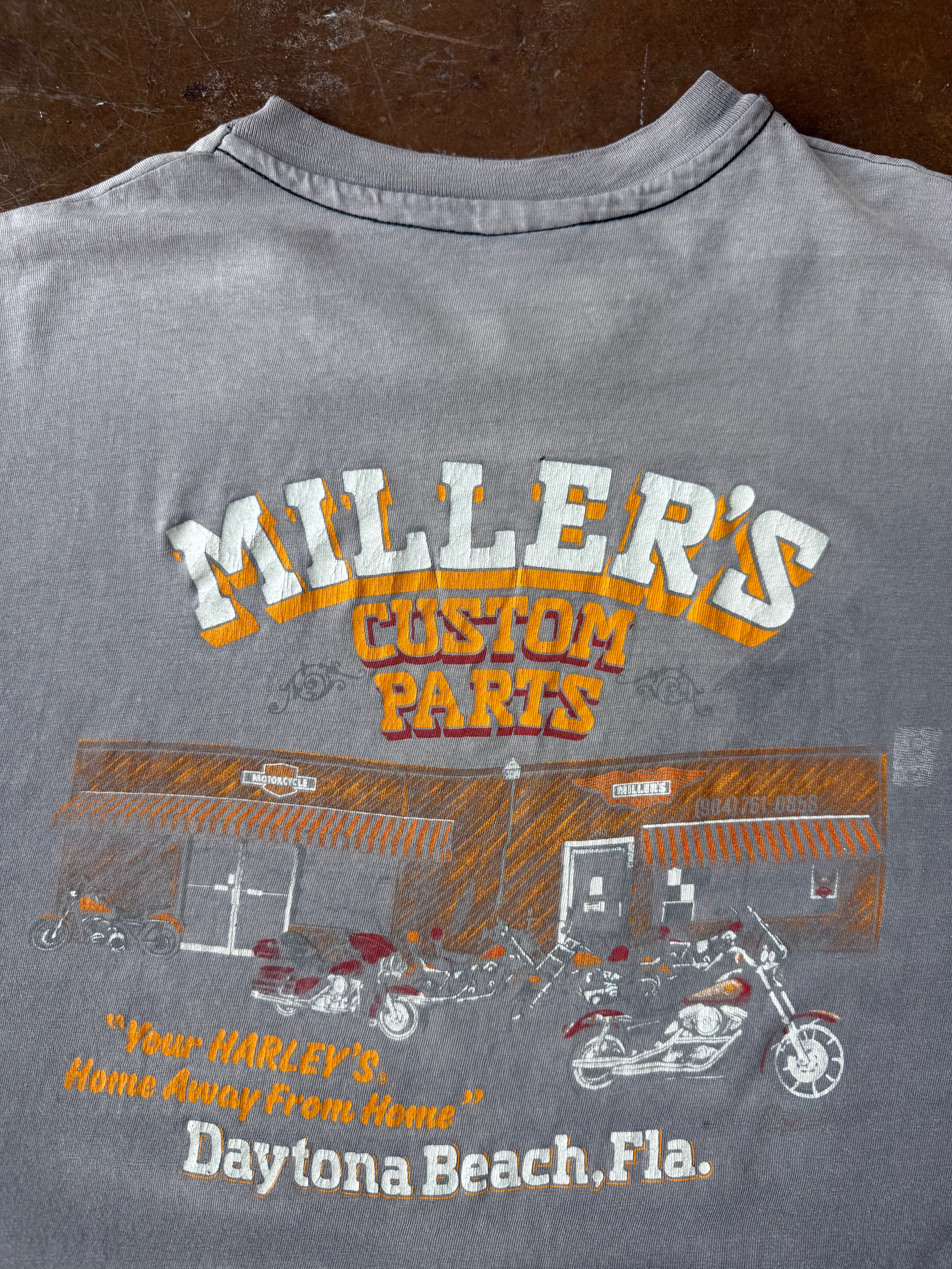 1990 faded Daytona Bike Week "miller's harley parts" biker shirt (XXL)