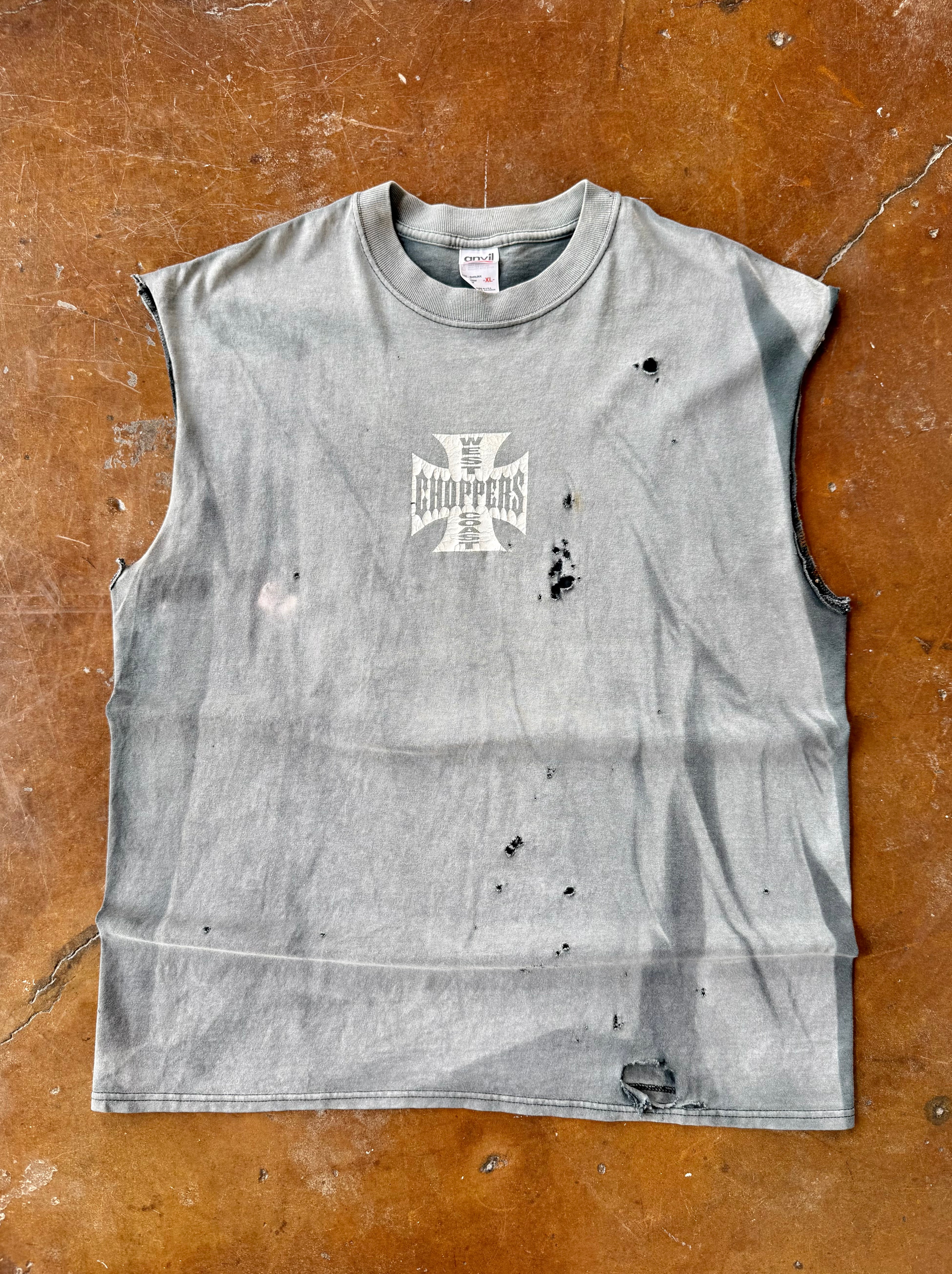 2000s faded & distressed West Coast Choppers "classic logo" biker cut-off shirt (XL)