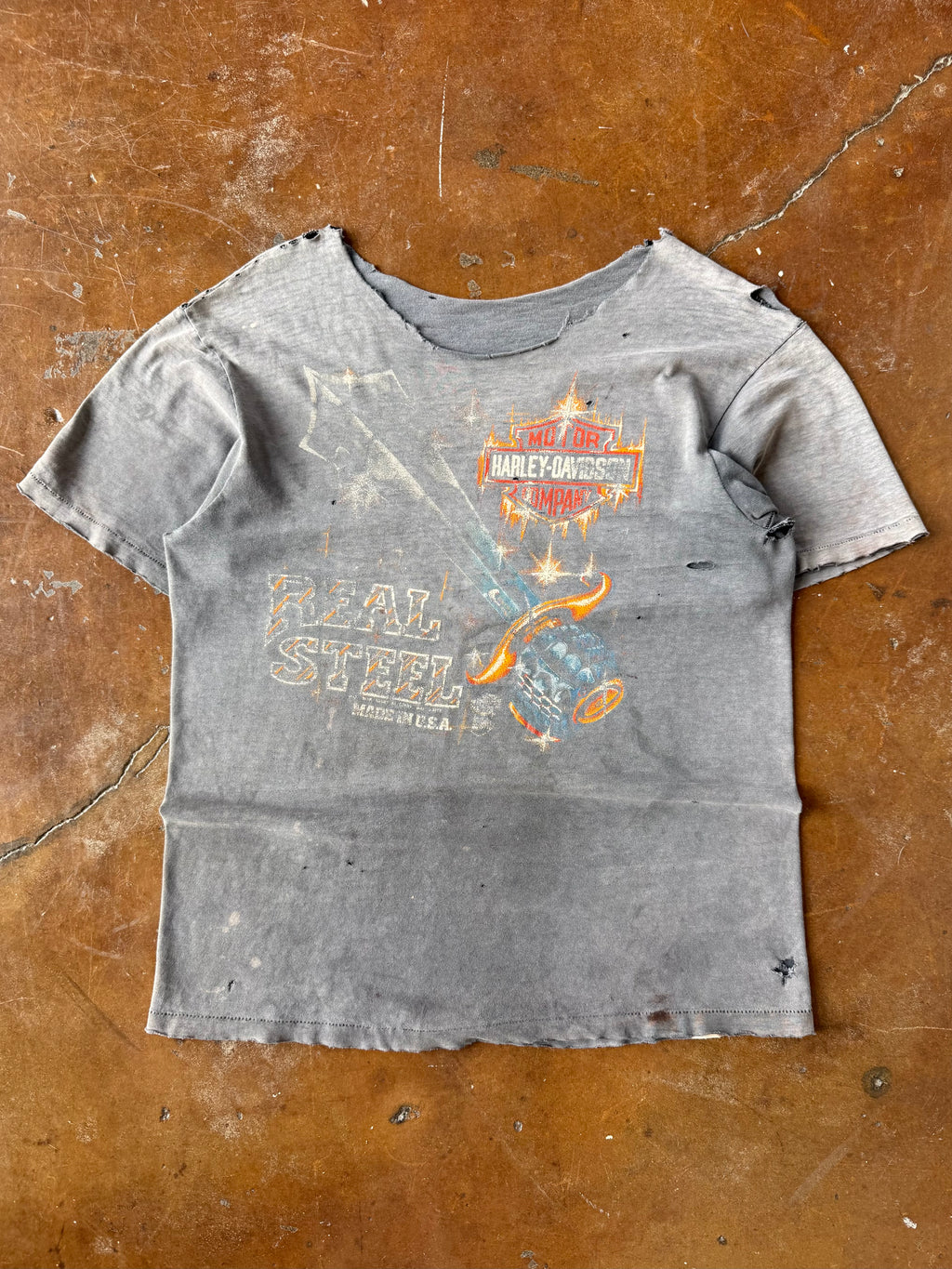 80s faded & distressed Harley Davidson "real steel" biker shirt (LARGE)