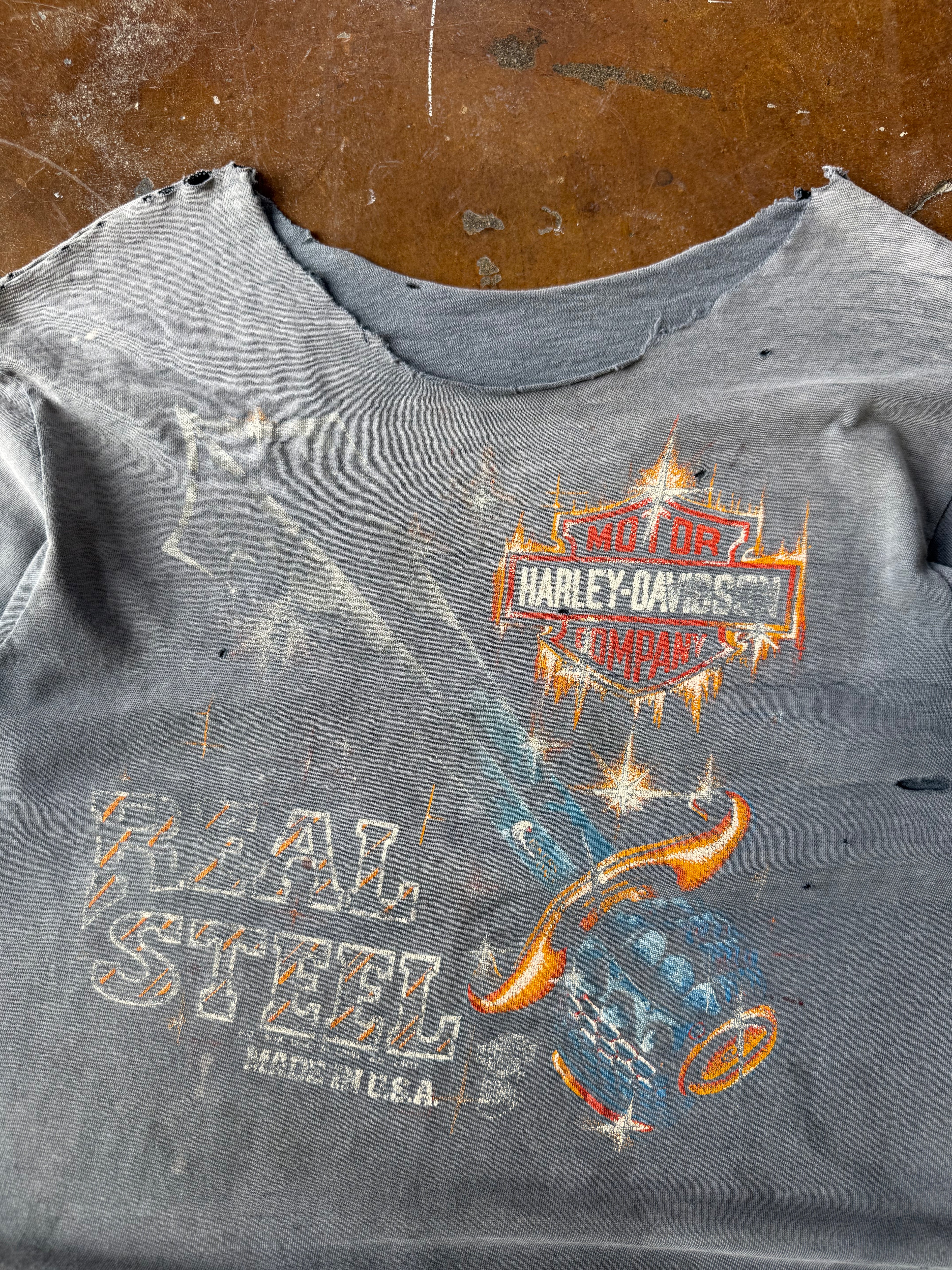 80s faded & distressed Harley Davidson "real steel" biker shirt (LARGE)