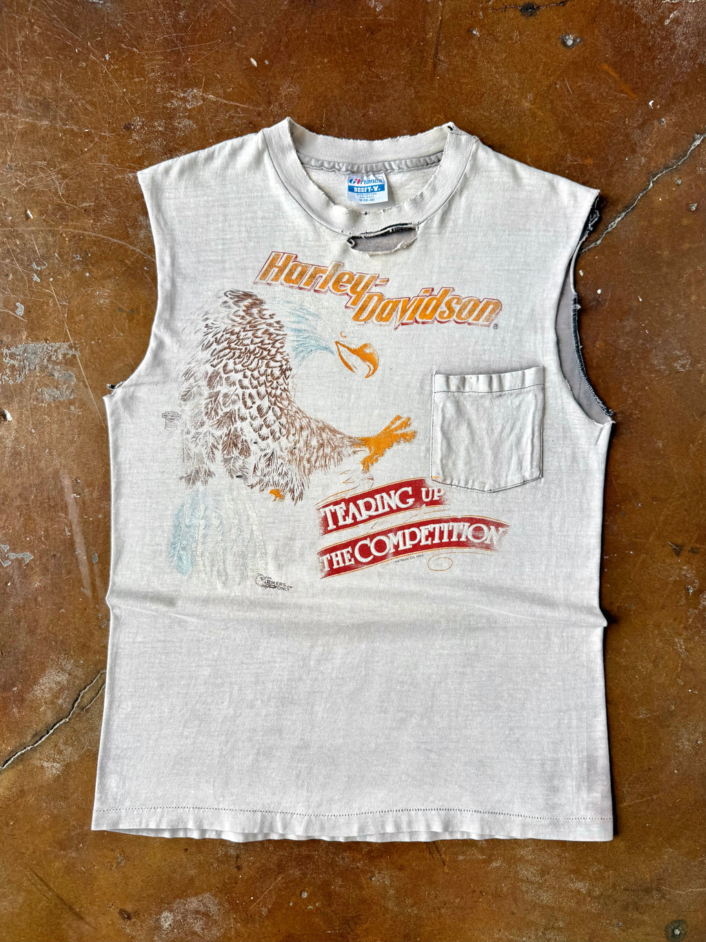 1985 faded Harley Davidson "tearing up the competition" biker cut-off shirt (MEDIUM)