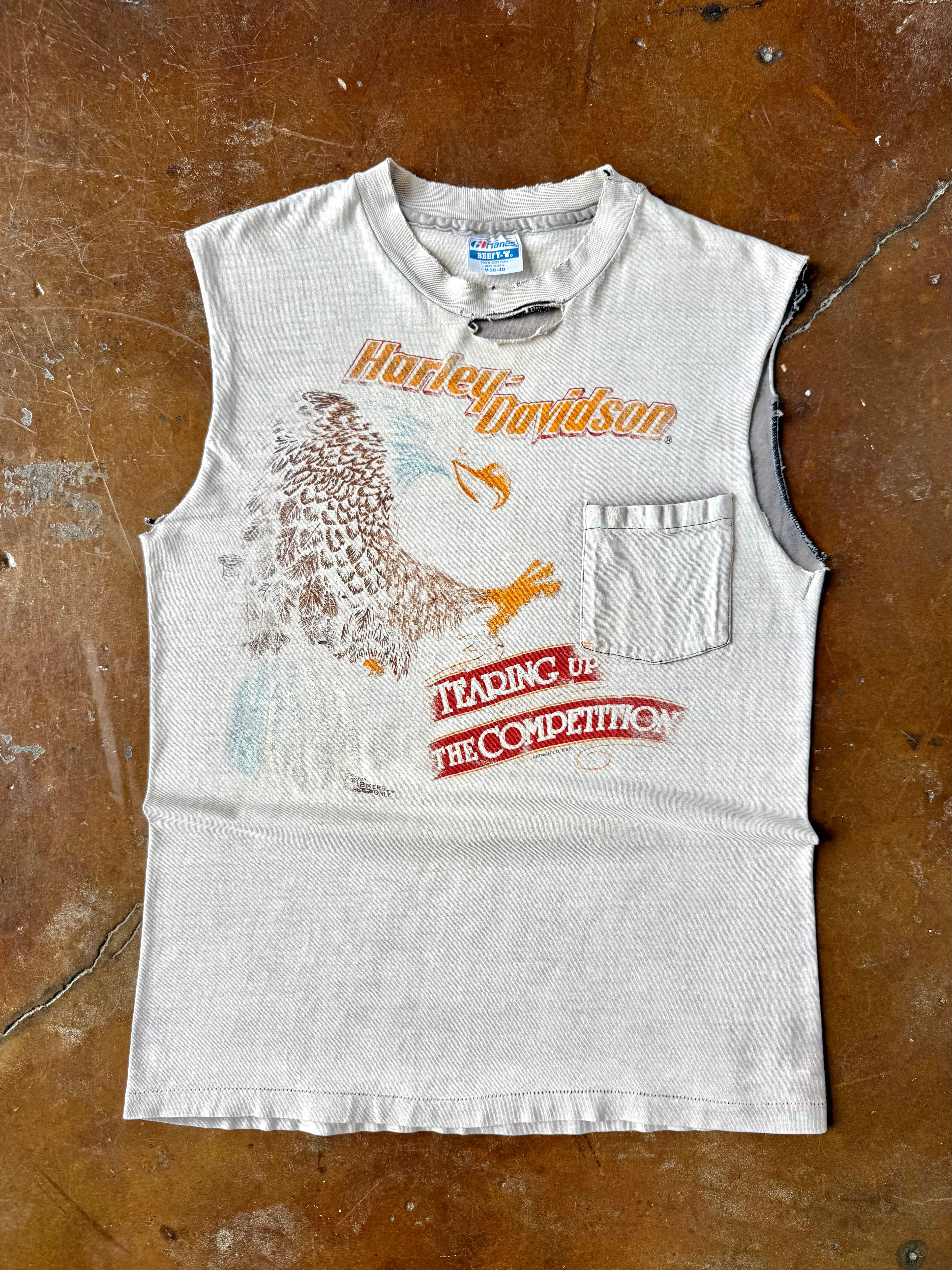 1985 faded Harley Davidson "tearing up the competition" biker cut-off shirt (MEDIUM)