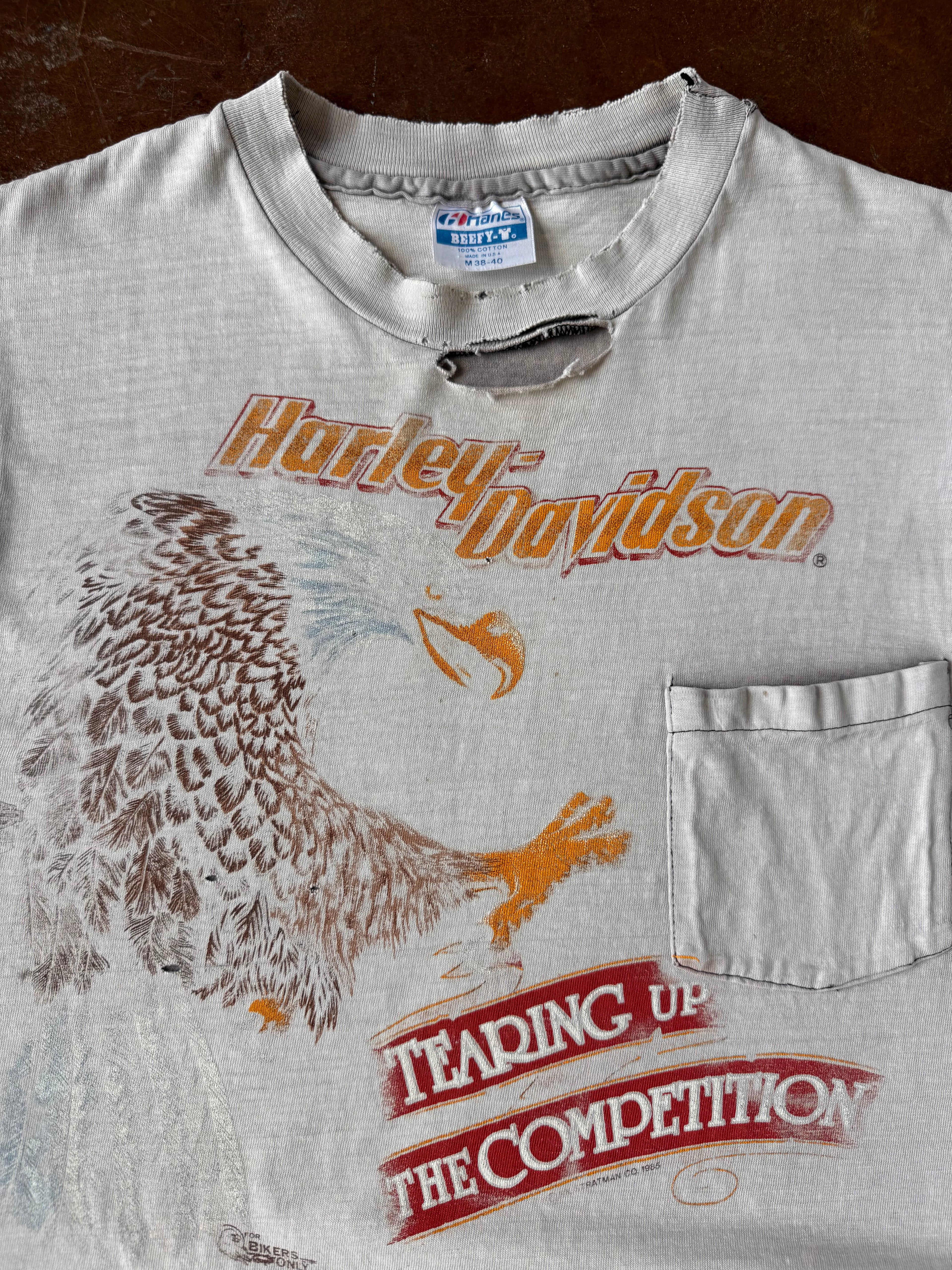 1985 faded Harley Davidson "tearing up the competition" biker cut-off shirt (MEDIUM)
