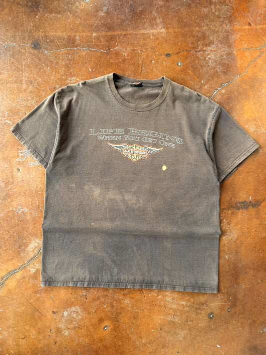 2009 faded Harley Davidson "life begins when you get one" biker shirt (XL)