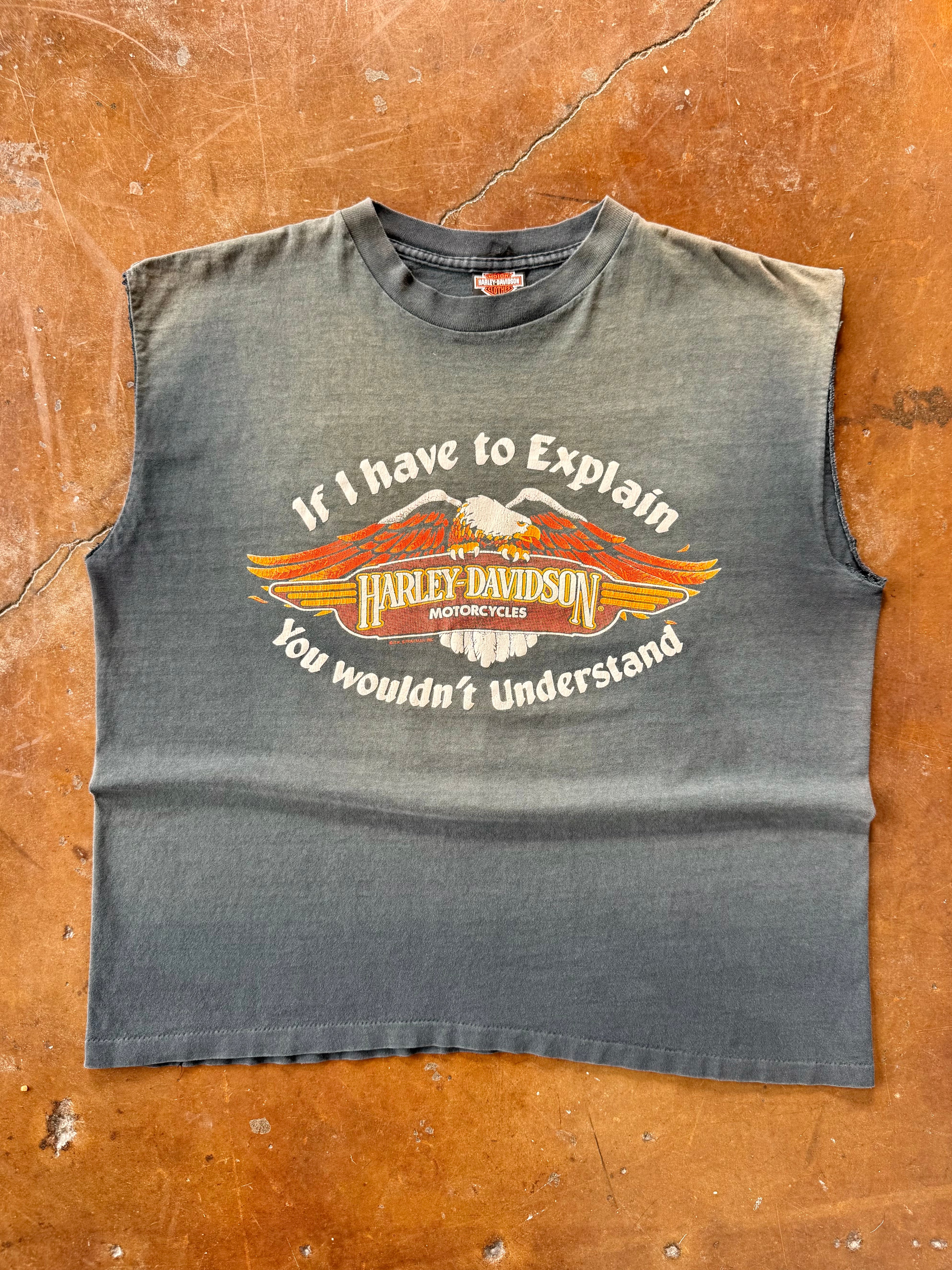90s faded Harley Davidson "if I have to explan..." biker cut-off shirt (XXL)