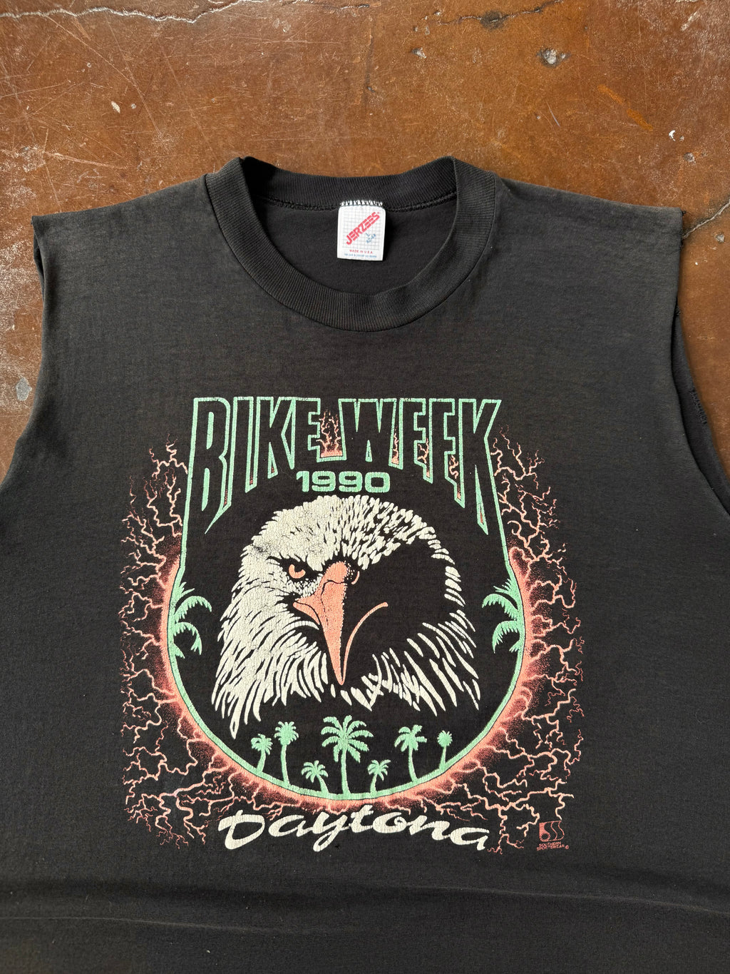 1990 Bike Week "eagle portrait" biker cut-off shirt (LARGE)