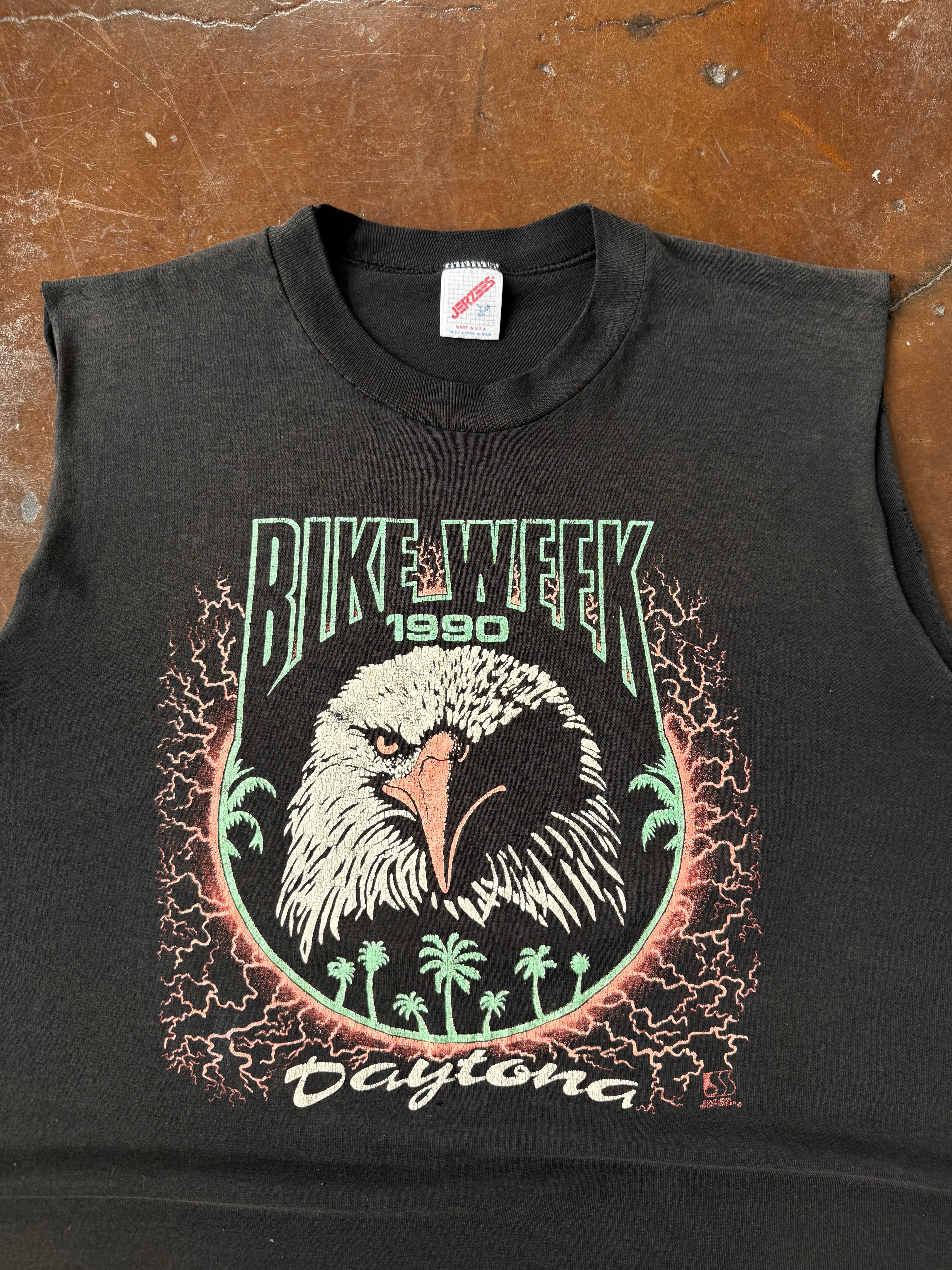 1990 Bike Week "eagle portrait" biker cut-off shirt (LARGE)