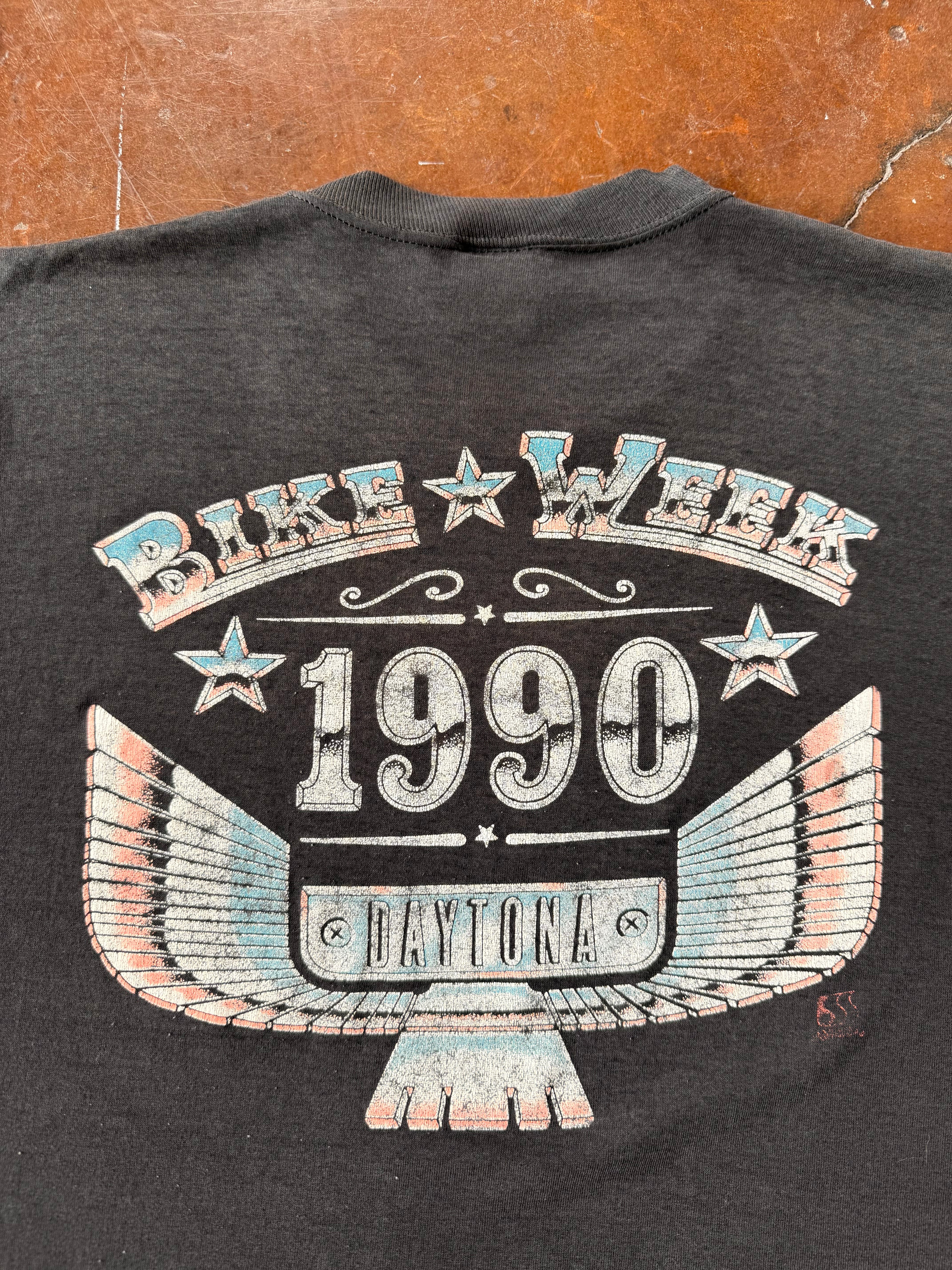 1990 Bike Week "eagle portrait" biker cut-off shirt (LARGE)