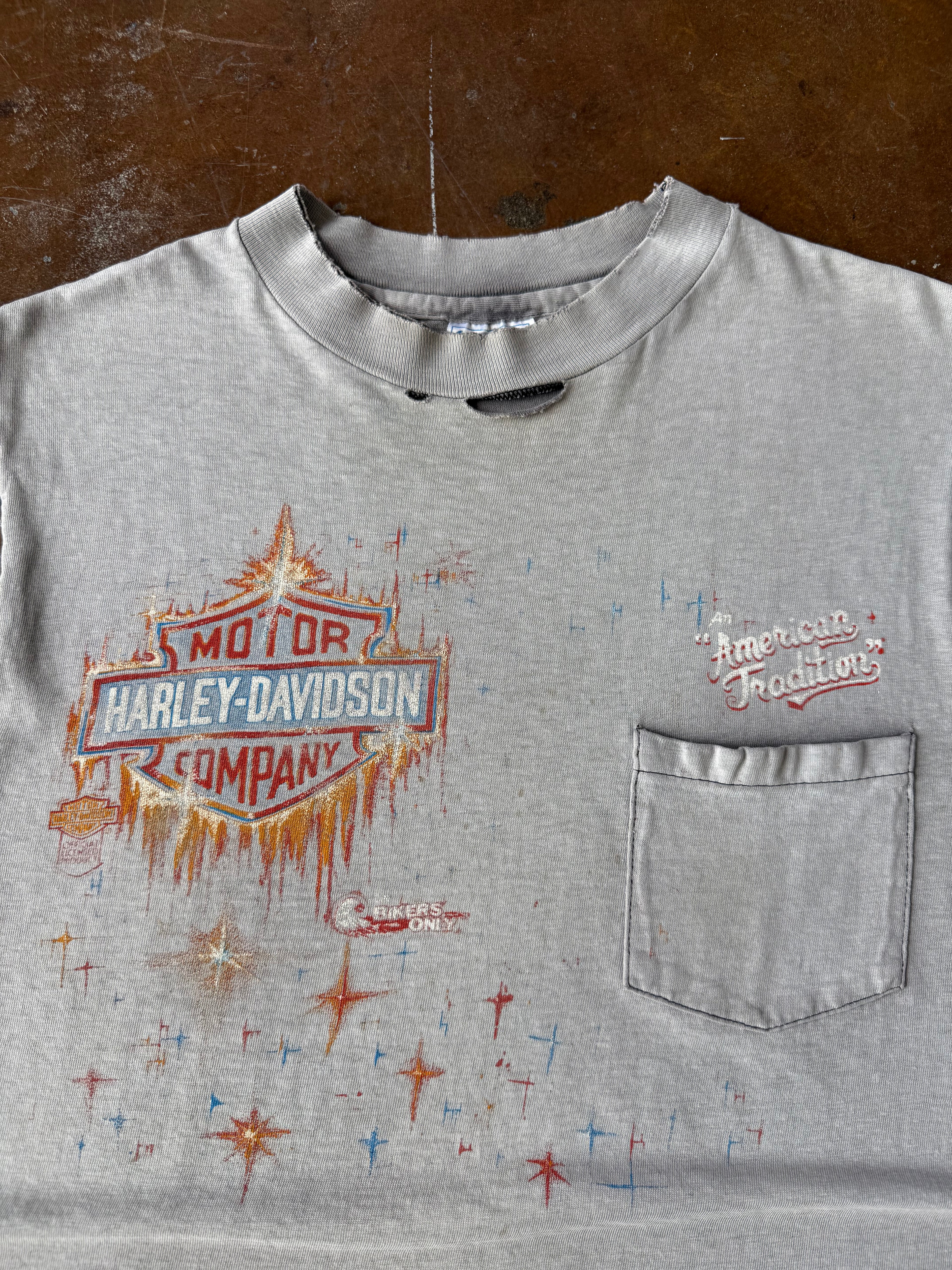 80s faded & lightly distressed Harley Davidson "shining shield" pocket cut-off shirt (MEDIUM)