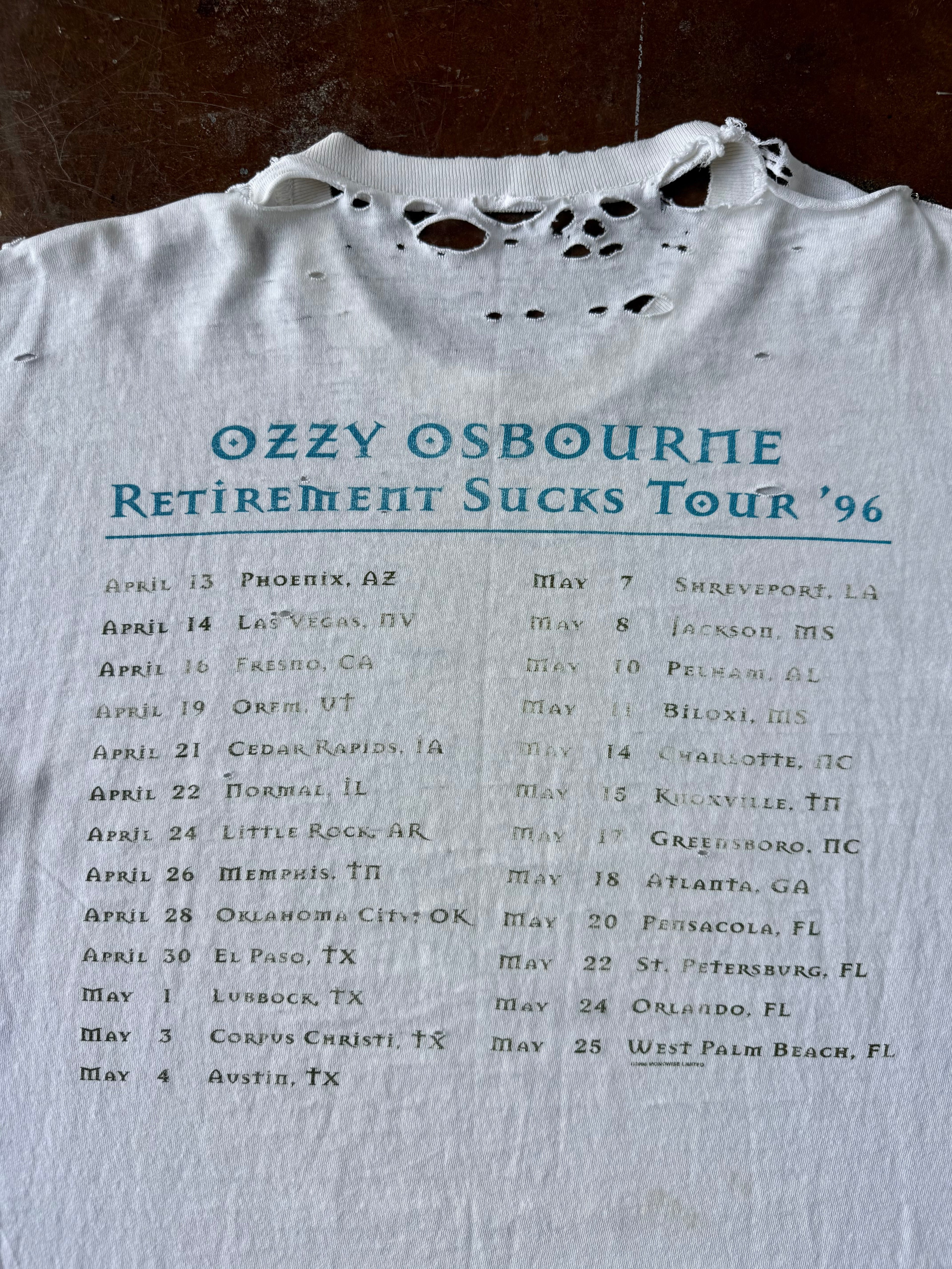 1996 distressed Ozzy Osbourne "retirement sucks" tour shirt XL)