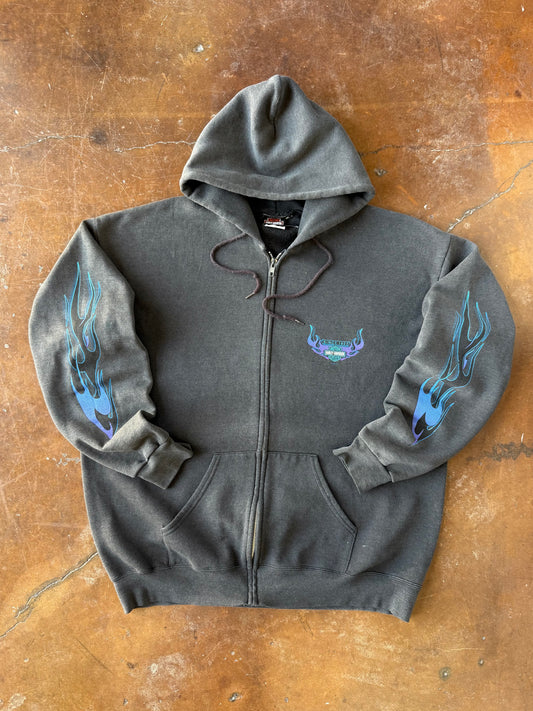 90s lightly faded Harley Davidson "blue/purple flame" zip-up hoodie (XL)