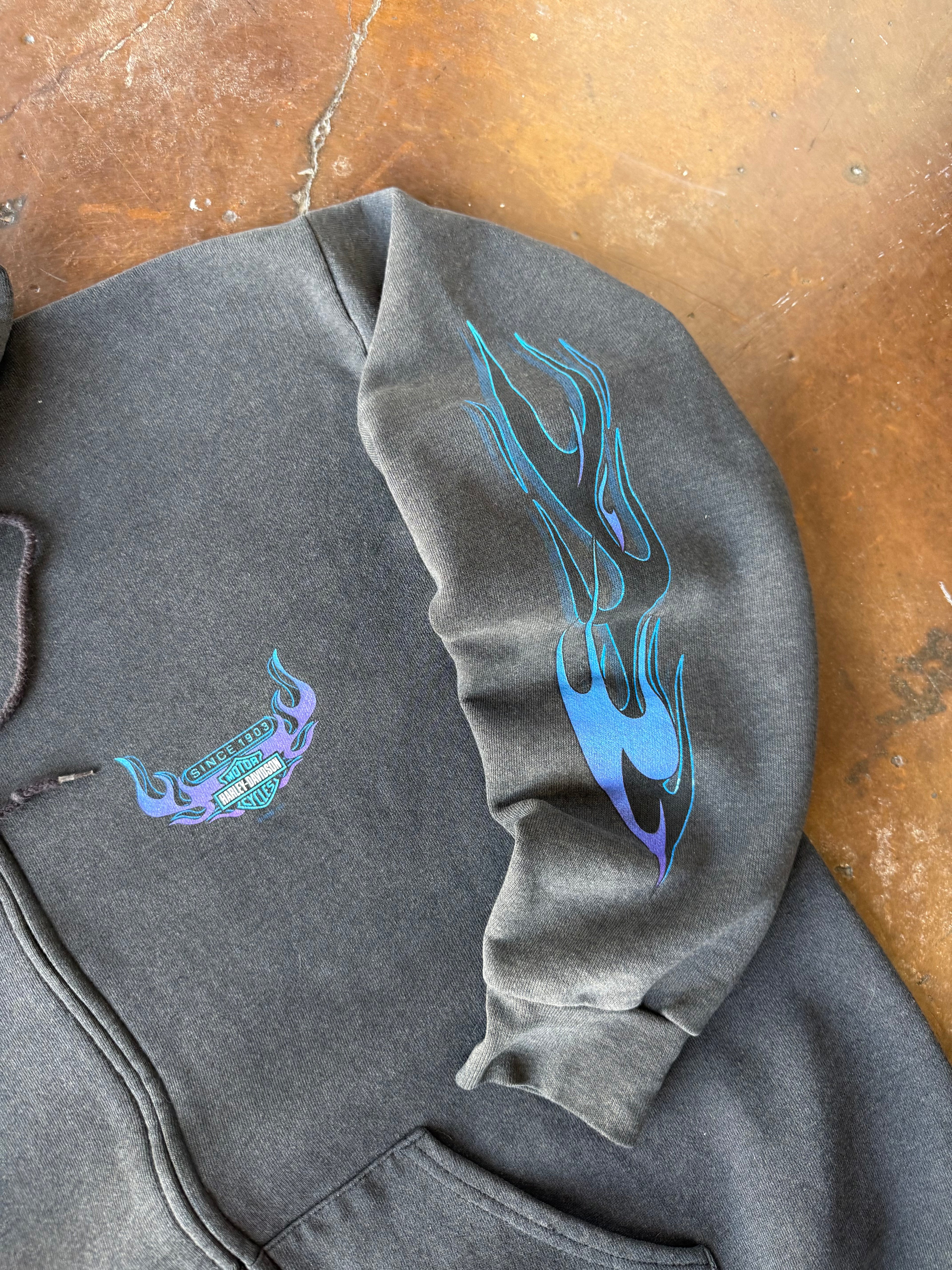 90s lightly faded Harley Davidson "blue/purple flame" zip-up hoodie (XL)