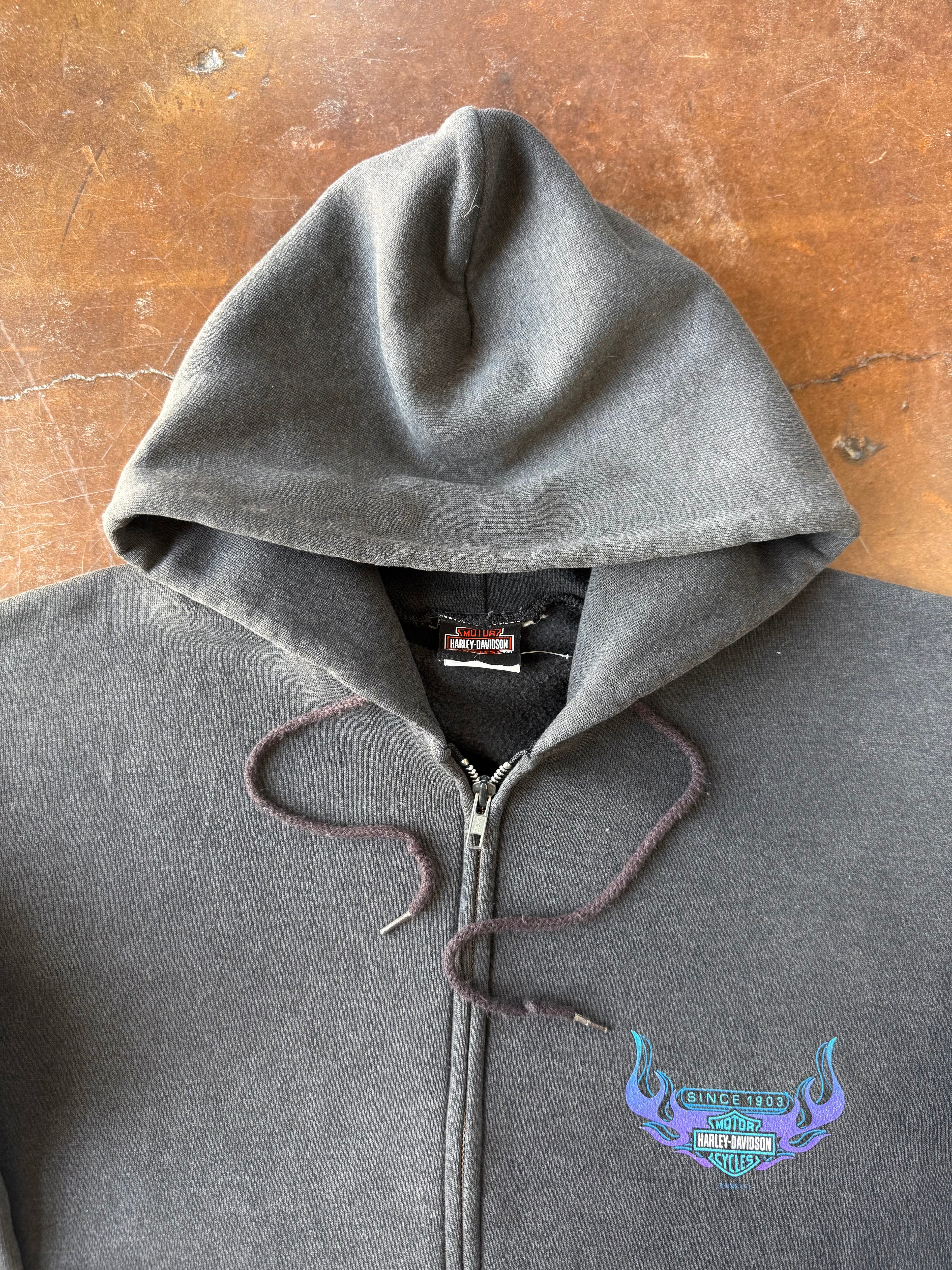 90s lightly faded Harley Davidson "blue/purple flame" zip-up hoodie (XL)