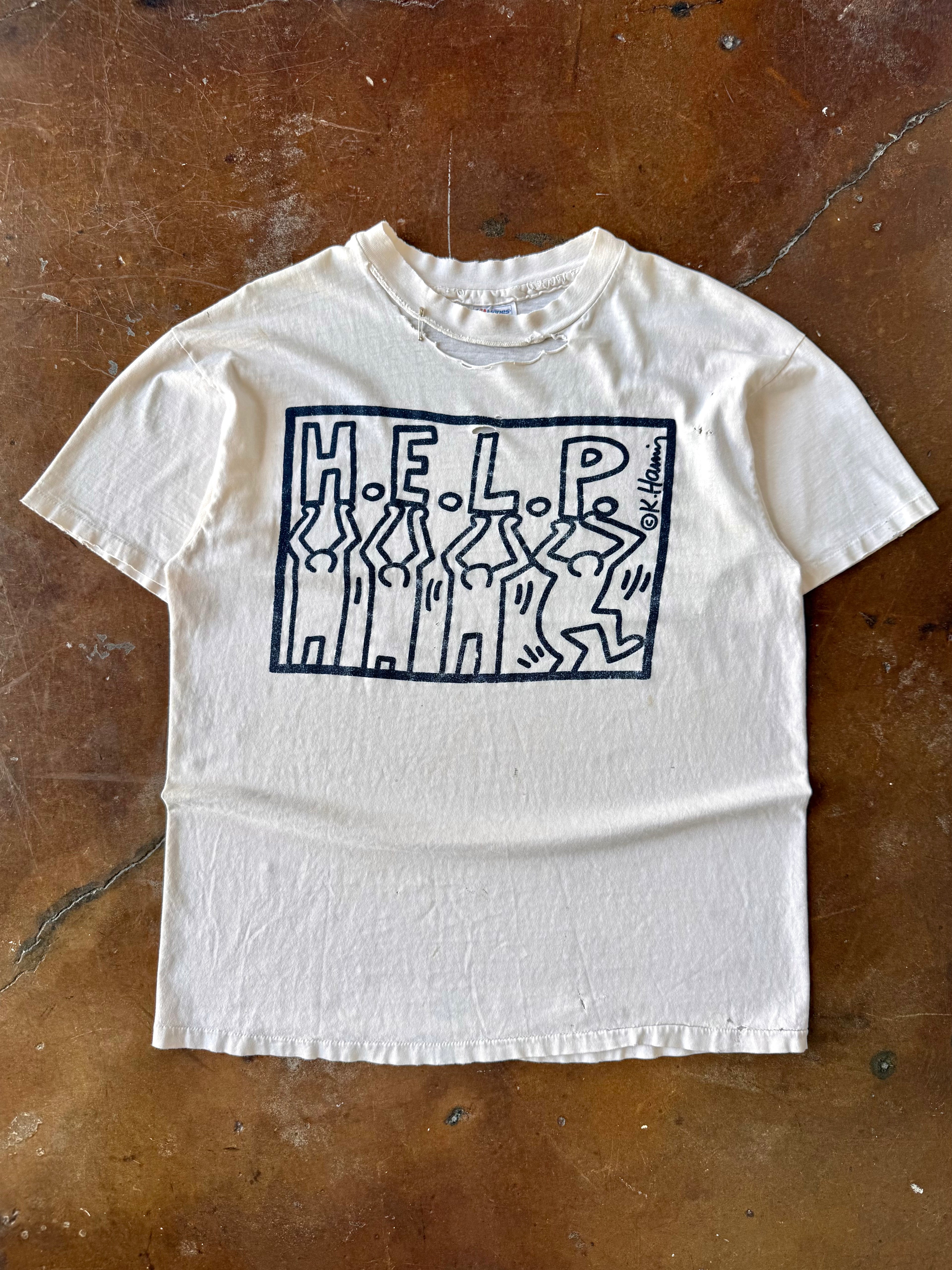 80s distressed Keith Haring "HELP" art shirt (XL)