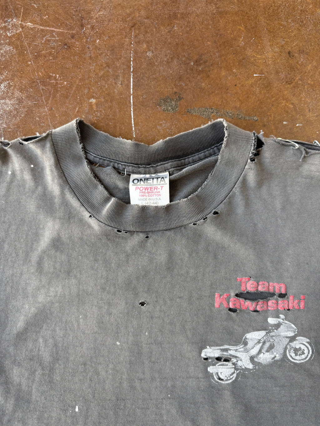 90s faded & distressed Team Kawasaki "motorbike" shirt (LARGE)