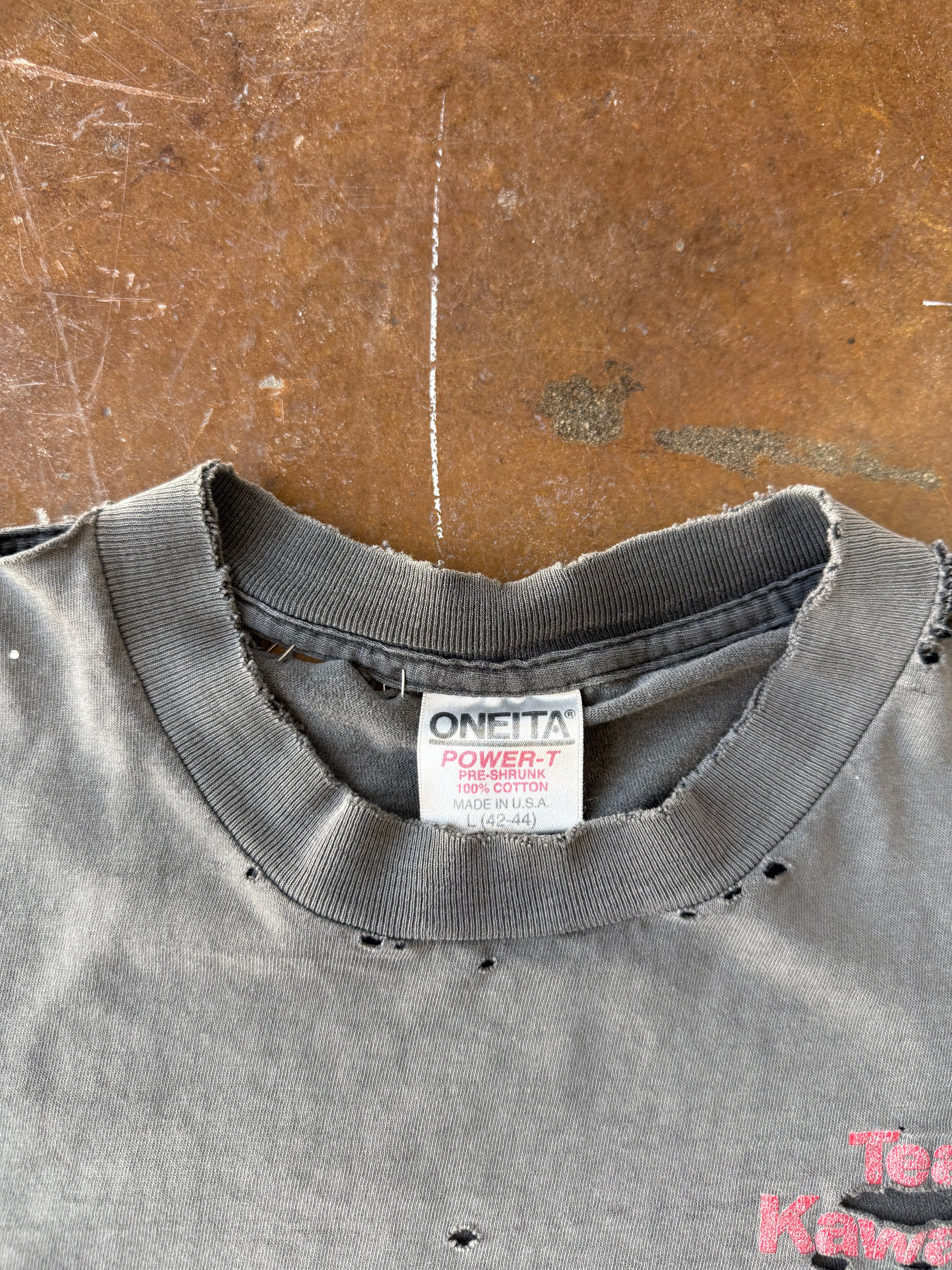 90s faded & distressed Team Kawasaki "motorbike" shirt (LARGE)
