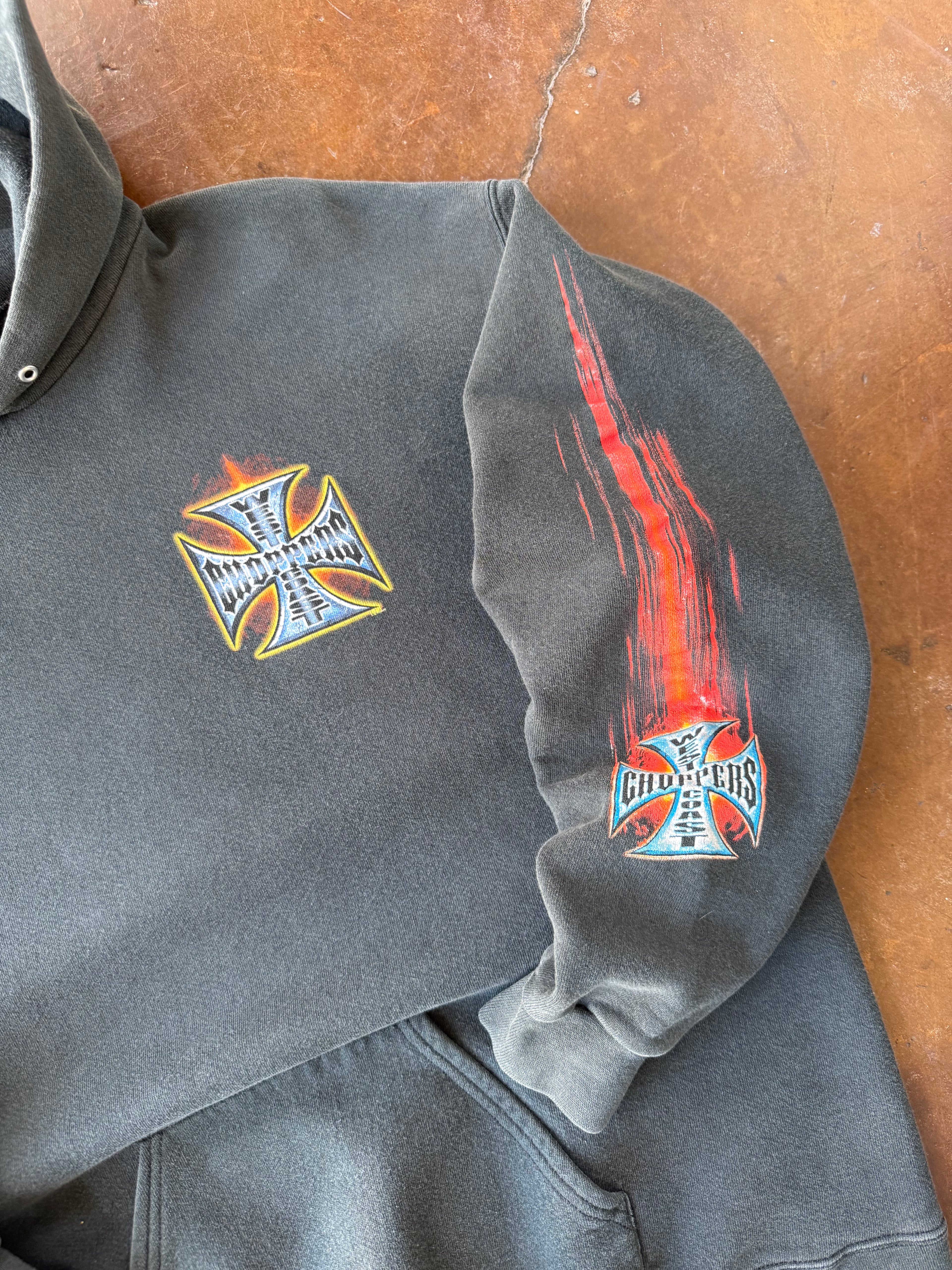 2000s lightly faded West Coast Choppers "streak flame" pullover hoodie (XL)