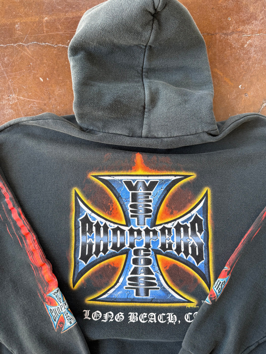 2000s lightly faded West Coast Choppers "streak flame" pullover hoodie (XL)